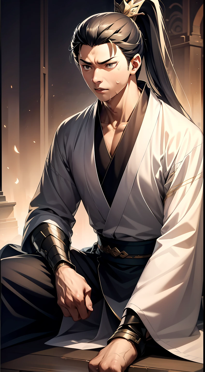 quadratic element,style of anime,mtu(Male Warrior),The proportions are correct,Face details,swordsmen,High ponytail hairstyle,Neck details,There is an Adam's apple,Black Hanfu,kaftan,Embroidered robes,Black robe,clothes details,Handing over,longer sleeves,Game quality,Swordsmanship,Light and shadow tracking,Ray traching,detailed glow,cg render,hair detail,long white hair,Black eyes,Handsome,Handsome,(juvenile sense),Clothing is complicated,Perfectcomposition,Refinement,high qulity,higher details,Lots of details,The background is complex,a sense of atmosphere,