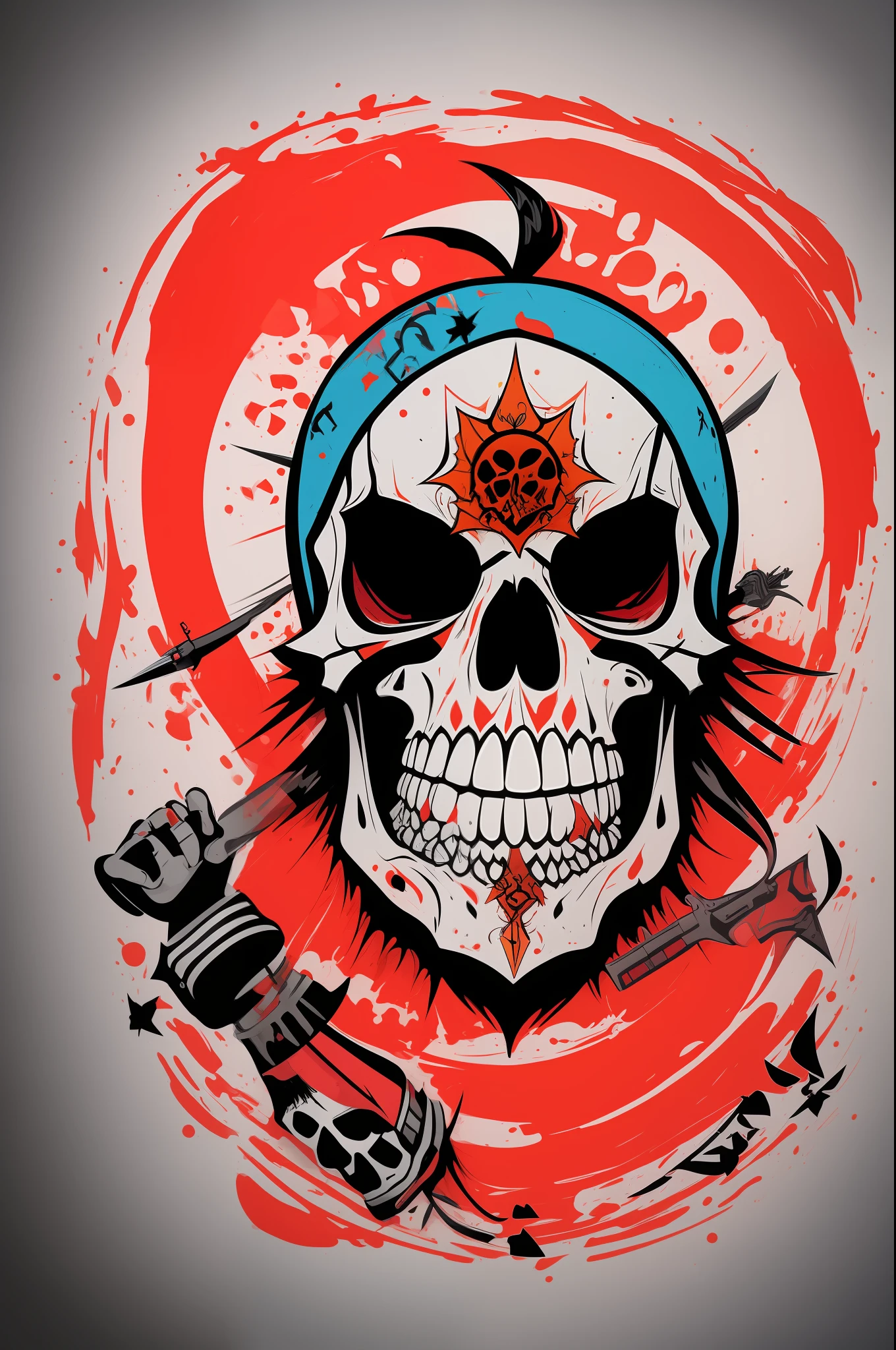 vector t-shirt art ready to print colorful graffiti illustration of a head logo undead pirate, T-shirt design, street wear design, pro vector, Japanese style, full design, 6 colors only, solid colors, no shadows, full design, warm colors, sticker, bright colors