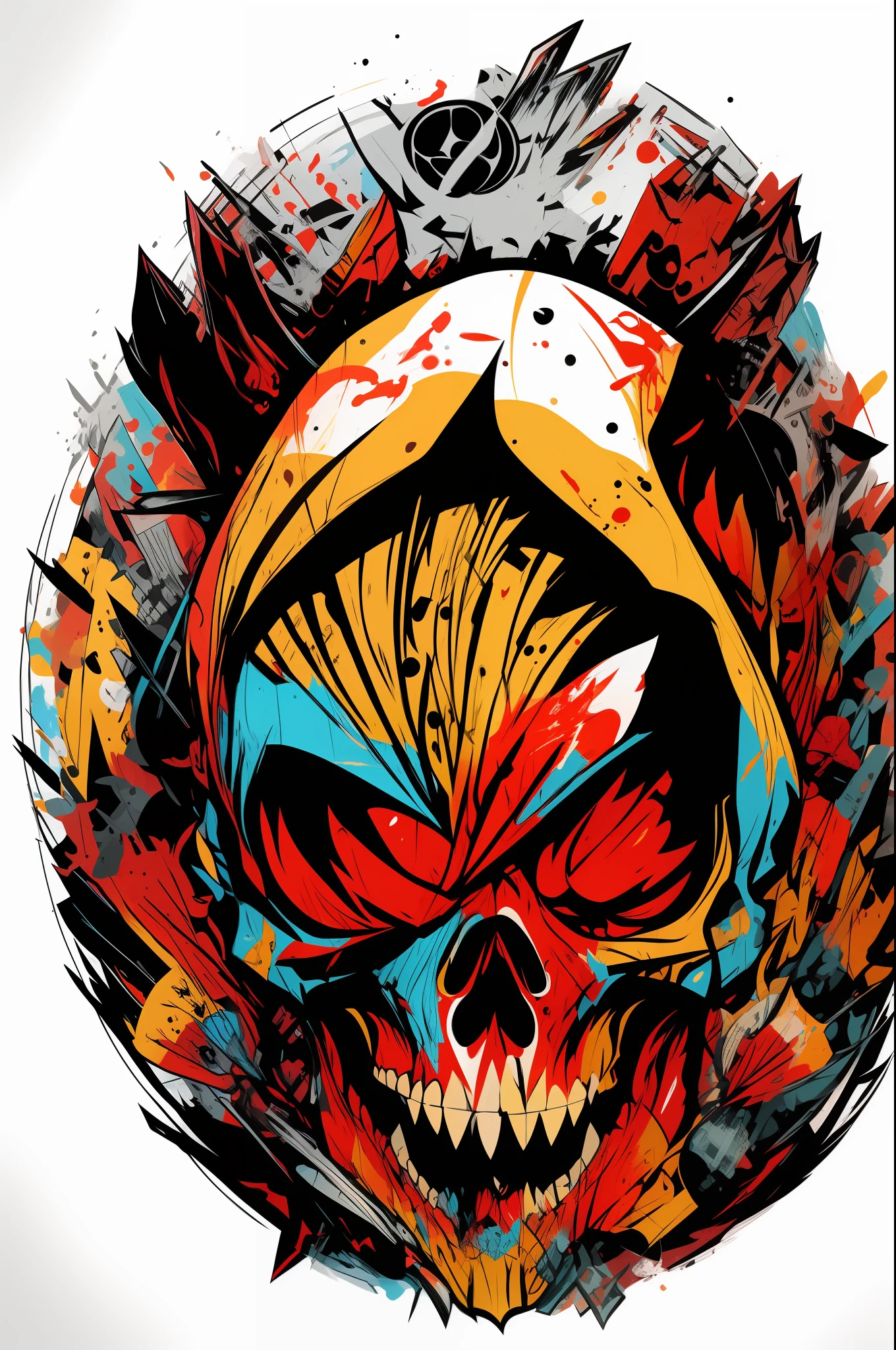 vector t-shirt art ready to print colorful graffiti illustration of a head logo undead pirate, T-shirt design, street wear design, pro vector, Japanese style, full design, 6 colors only, solid colors, no shadows, full design, warm colors, sticker, bright colors