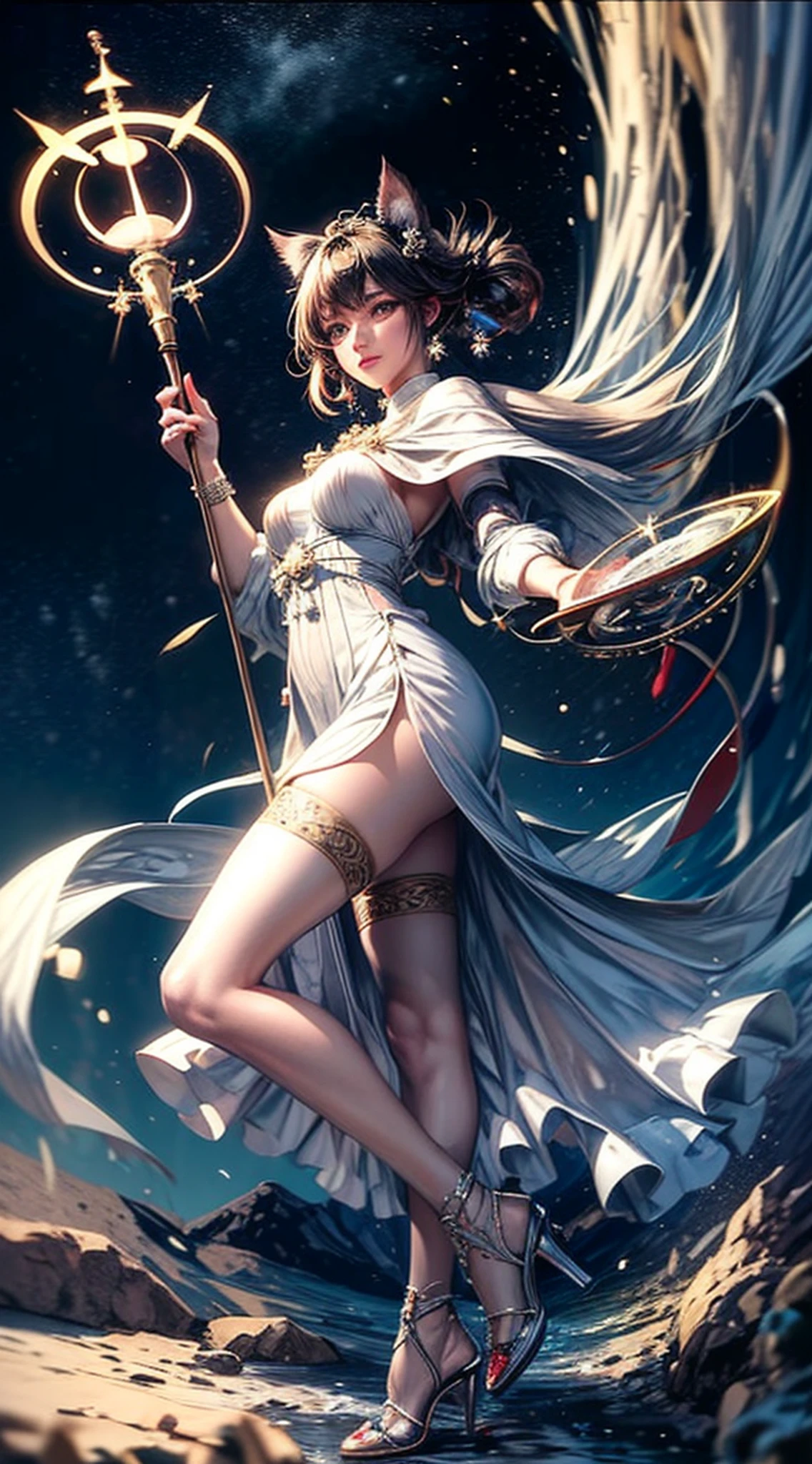 (((Masterpiece))), (((Best quality))), (((Ultra-detailed))), Extremely detailed CG, Beautiful detailed eyes, (Intricate details:1.2), illustration, elaborate features,
(1girll, Solo:1.4), full bodyesbian, (multicolored hair:1.2), Long hair, Striped hair, Halo, view the viewer, Animal ears, Blue eyes, earring, White gloves, centerfrills, Goddess, Mature women, Perfect figure, (Tall figure), white dress pull, red kimono, (Silk, Lace), ankle bracelets, choker necklace, (High heels), Large breasts,
Singing, standing, Arm raised, (Hold up the crystal ball), energy surrounding, Full of magical formations, (Magical Circle:1.2), (holding staff:1.5), Delicate wand, Shining Mage Staff Table,((Magical Circle:1.2)),
Night, White Moon, Moonlight, (Starry sky:1.1), Outdoors, Small rivers, Riverside, Flowing water,