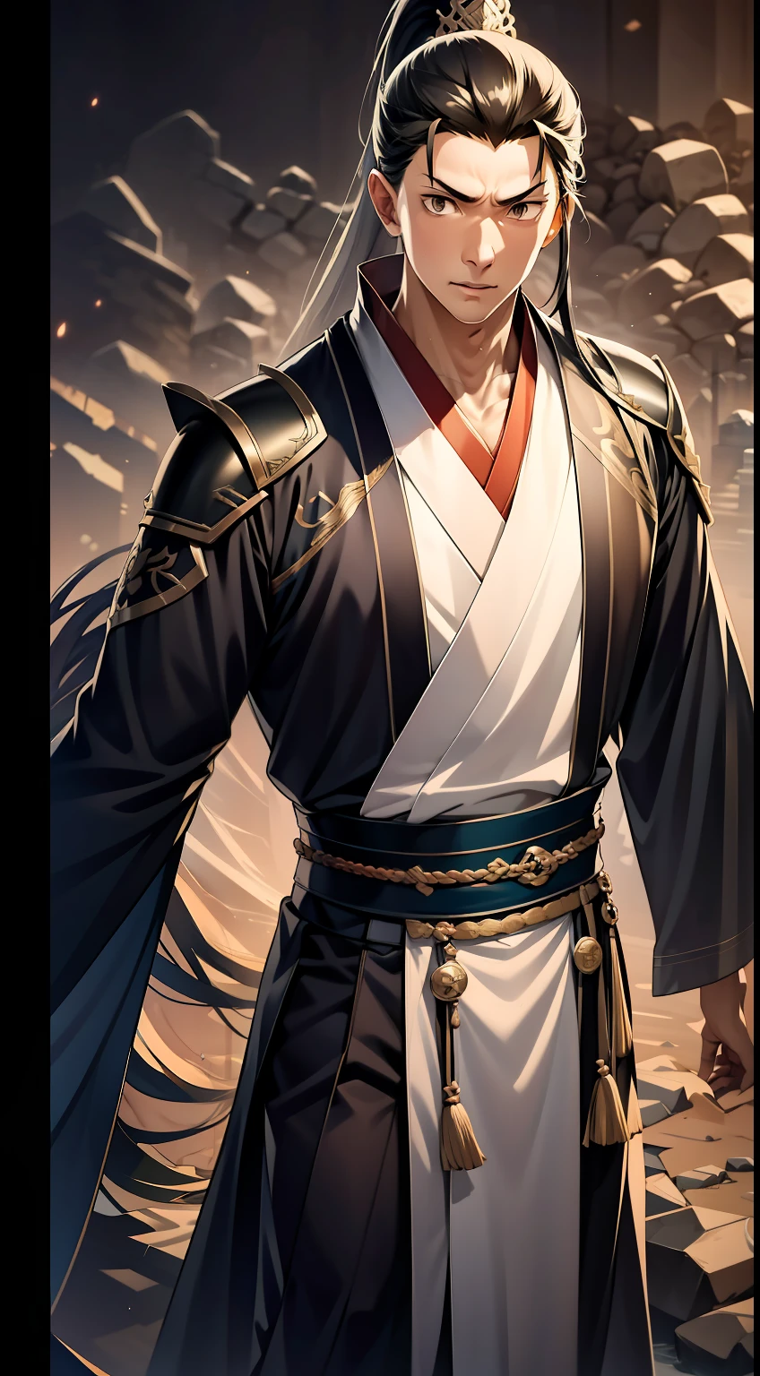 quadratic element,style of anime,mtu(Male Warrior),The proportions are correct,Face details,swordsmen,High ponytail hairstyle,Neck details,There is an Adam's apple,Black Hanfu,kaftan,Embroidered robes,Black robe,clothes details,Handing over,longer sleeves,Game quality,Swordsmanship,Light and shadow tracking,Ray traching,detailed glow,cg render,hair detail,long white hair,Black eyes,Handsome,Handsome,(juvenile sense),Clothing is complicated,Perfectcomposition,Refinement,high qulity,higher details,Lots of details,The background is complex,a sense of atmosphere,