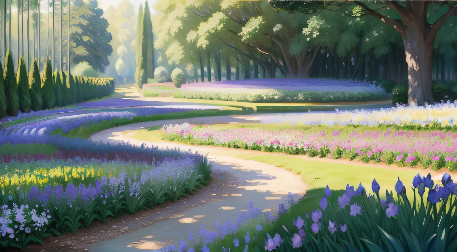 Landscape painting、Pictorial style、Claude Monet)Monet's paintings、Garden with many irises in bloom、Beautiful shades、Pale shades、Irises flower、A forest with depth、A touch of oil painting、great lighting、