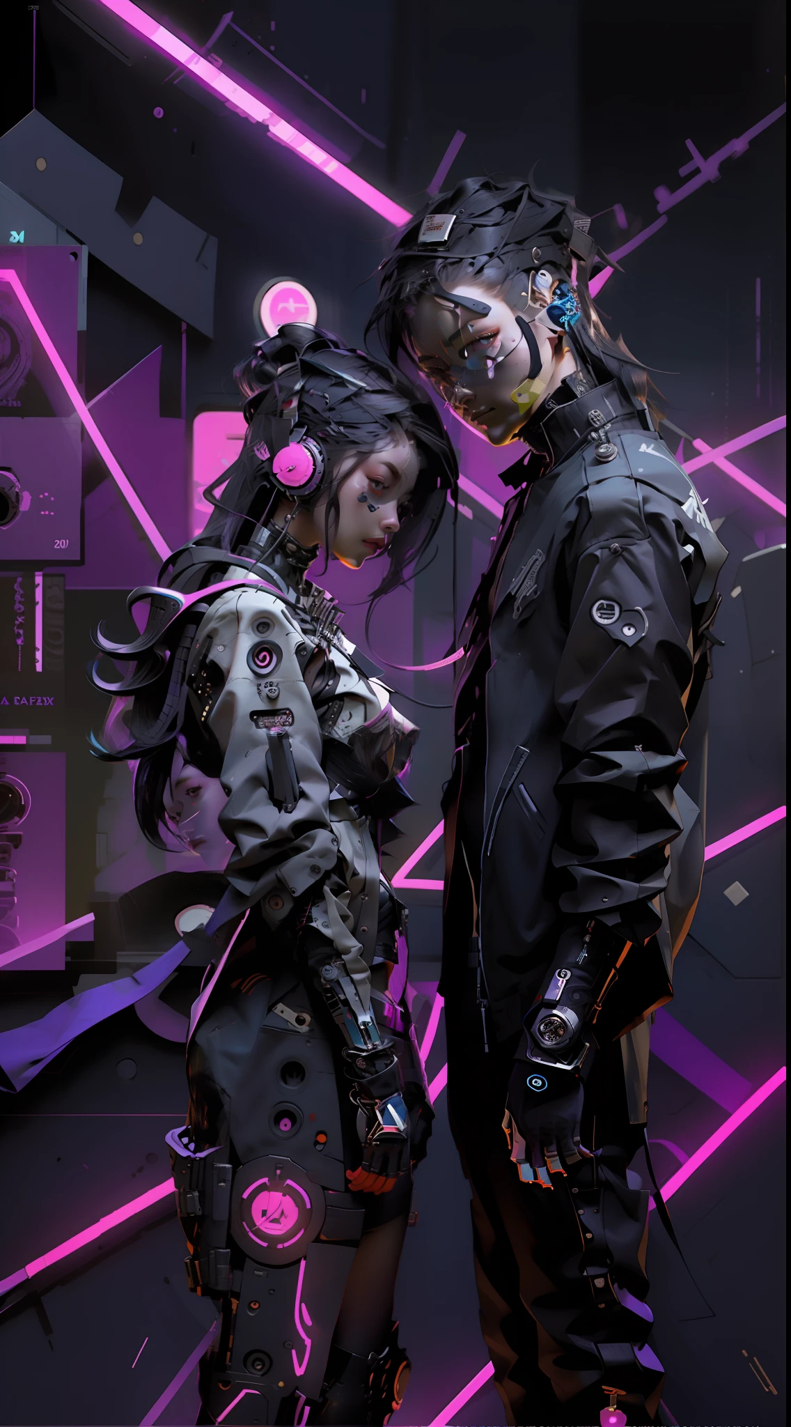 anime characters dressed in costumes and headphones posing for a picture, e-girl, nixeu and sakimichan, e - girl, cyber universe style, kda and sam yang, black cyberlox, cyber style, vrchat, in cyber punk 2077, cyber punk setting, in a cyber - punk ally, cyber punk, scifi background , futuristic bacjground 4k , 4k