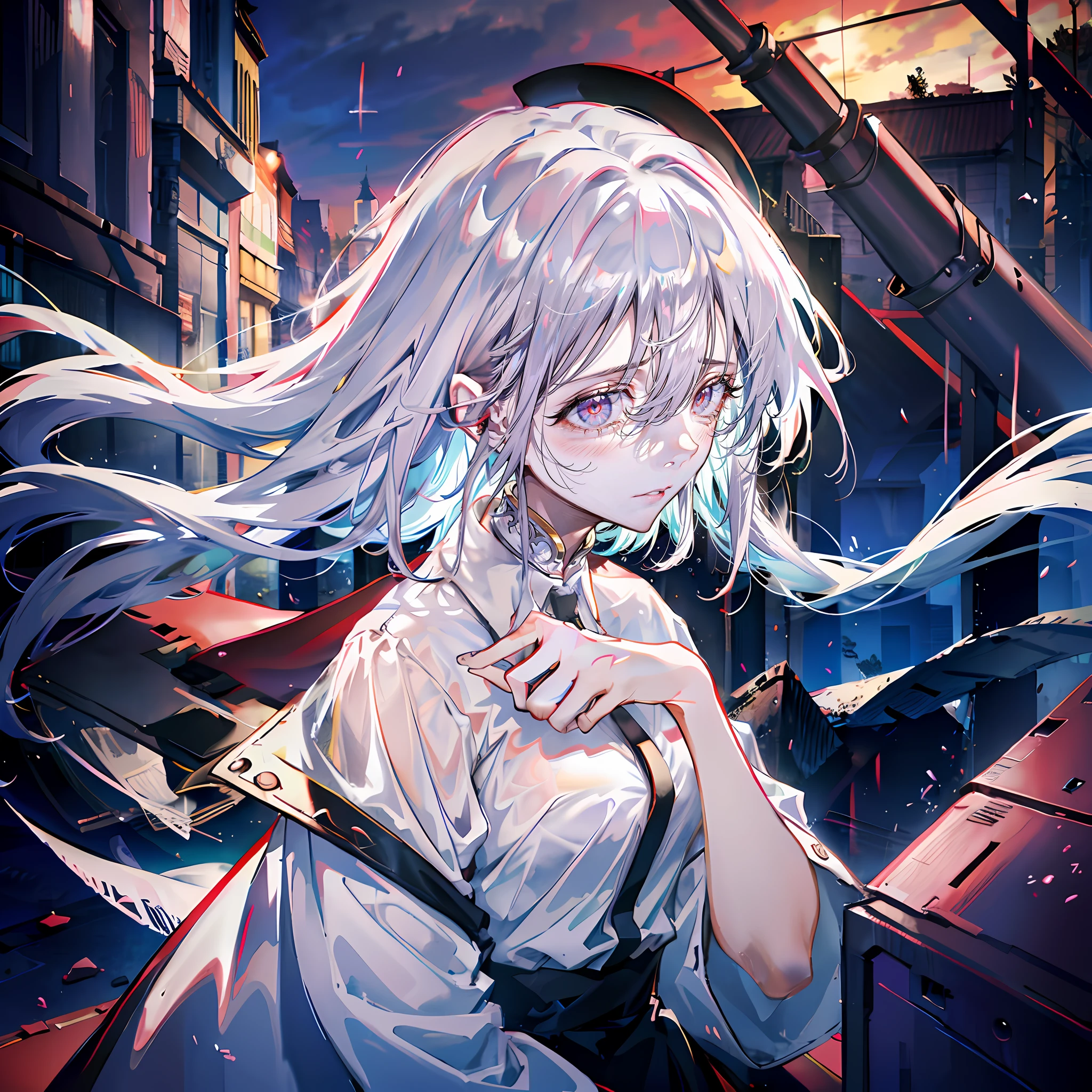 Girl with white hair and red eyes crying in the rain,The tragic scene is extremely beautiful,The picture quality is beautiful