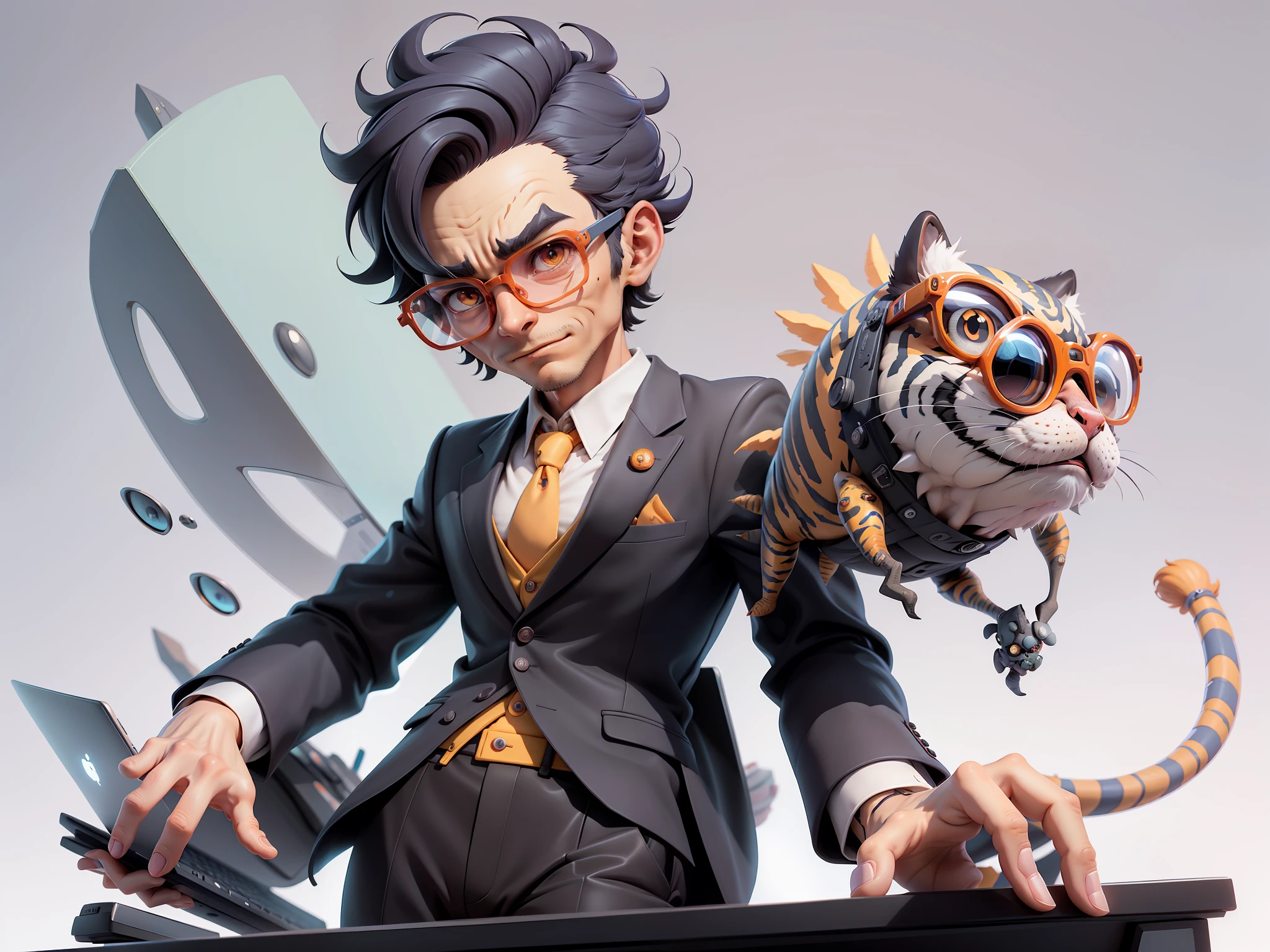 A young man in a suit, Short hair and glasses sat at his desk,holding laptop,digitial painting,tigre,3D character design by Mark Clairen and Pixar and Hayao Miyazaki and Akira Toriyama,4K HD illustration,Very detailed facial features and cartoon-style visuals。