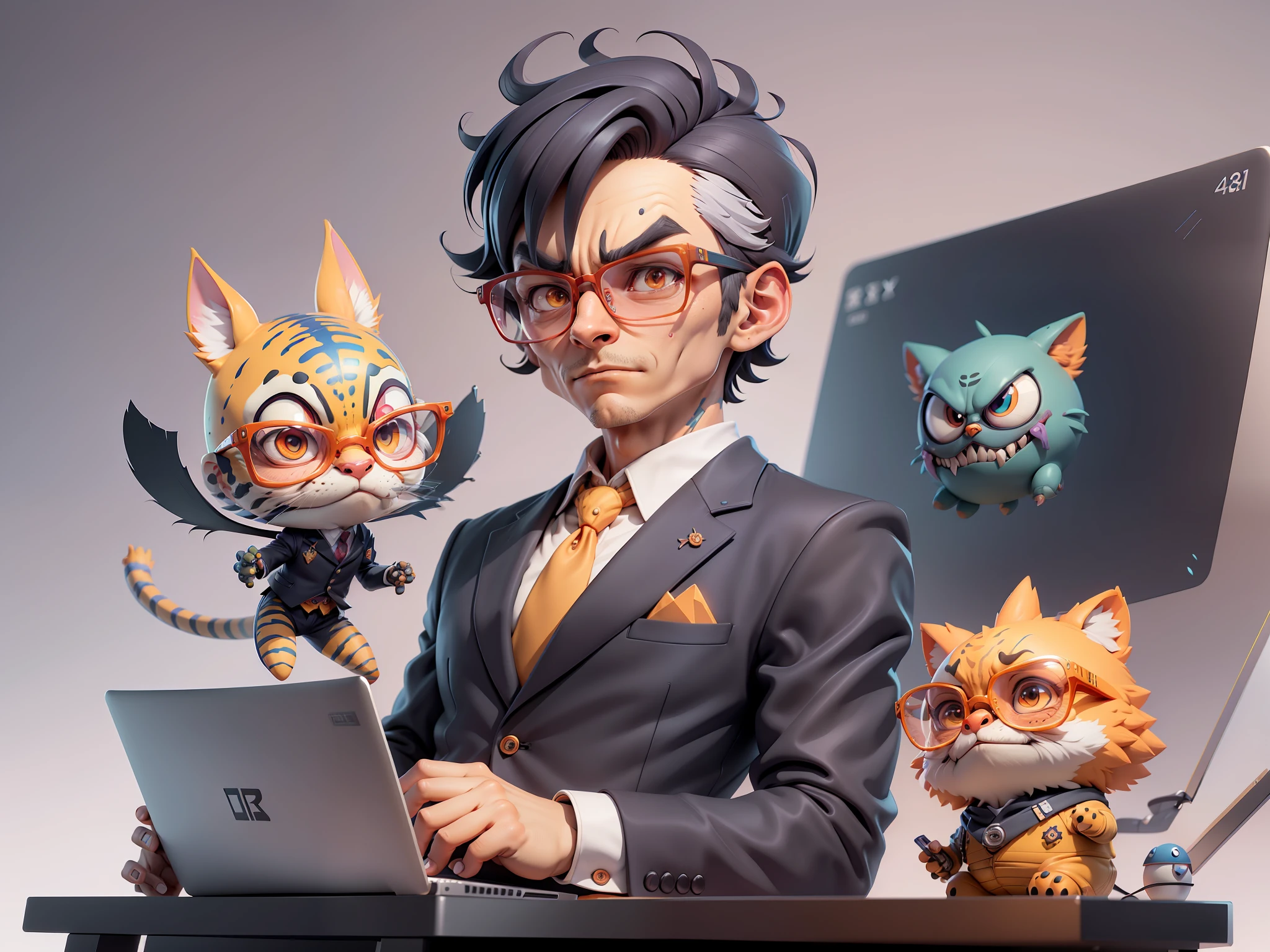 A young man in a suit, Short hair and glasses sat at his desk,holding laptop,digitial painting,tigre,3D character design by Mark Clairen and Pixar and Hayao Miyazaki and Akira Toriyama,4K HD illustration,Very detailed facial features and cartoon-style visuals。