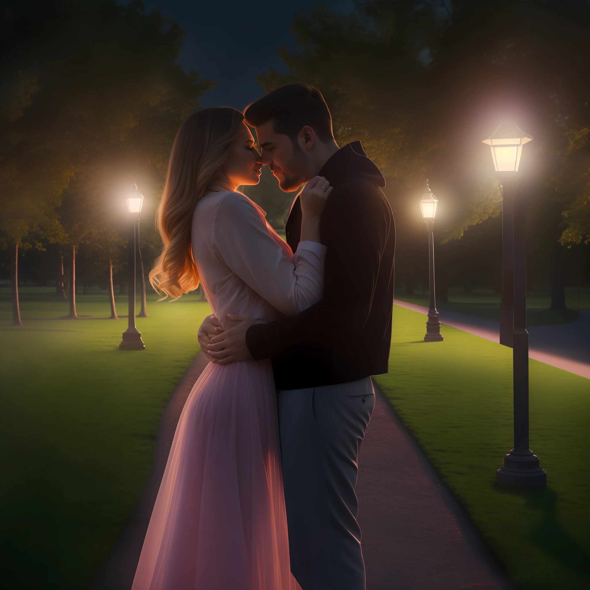 A man with his wife lips kiss and both ar standing in park, cenematic lights, ultra realistic, hd smooth, hd