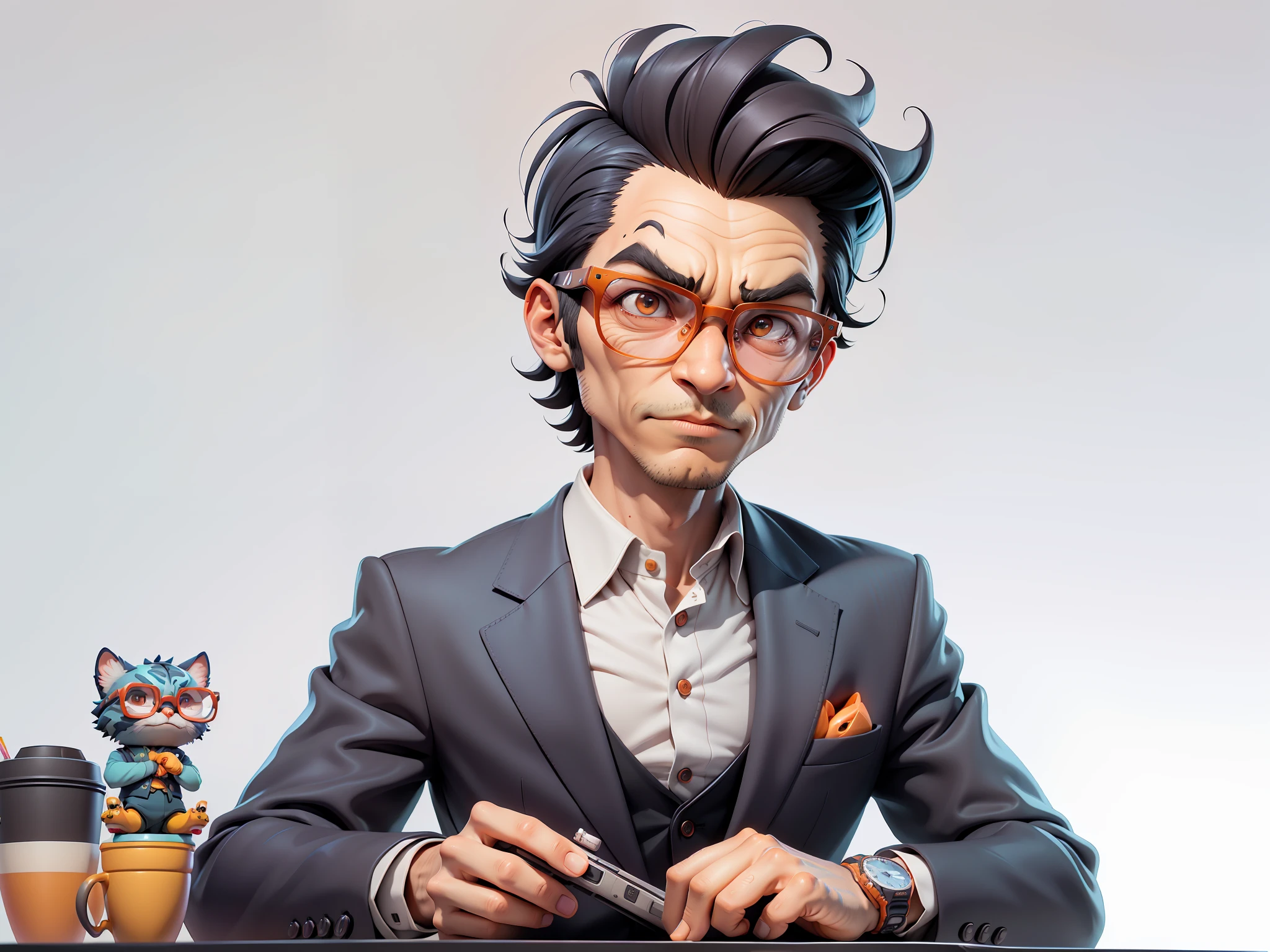 A young man in a suit, Short hair and glasses sat at his desk,holding laptop,digitial painting,tigre,3D character design by Mark Clairen and Pixar and Hayao Miyazaki and Akira Toriyama,4K HD illustration,Very detailed facial features and cartoon-style visuals。