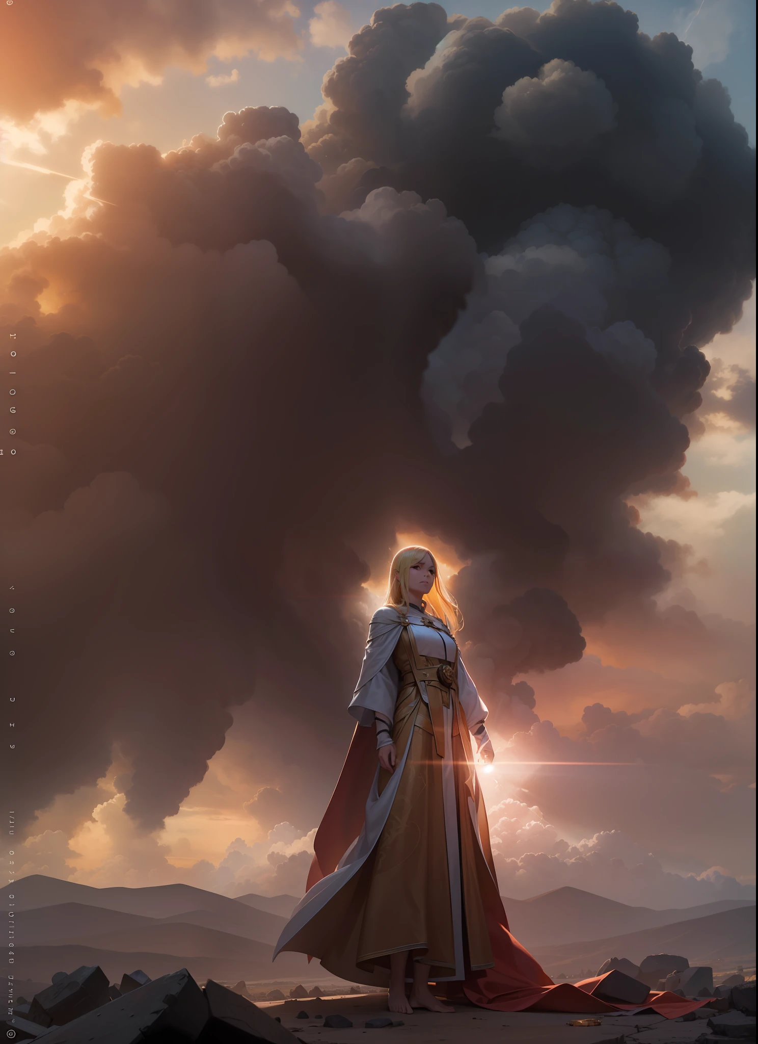 Summoner barefoot female levitating with blonde hair, robes and arms of cloak raised on a broken earth, luz de lava brilhante de baixo do campo de asteroides (rochas irregulares, pedregulhos e detritos disparando para o ar:1.3) (tempestade de detritos de poeira ventosa:1.1) Volumetric mist mist ray tracing z pass bright light from below, (obra-prima) (melhor qualidade) (detalhado) (8k) (cinematic lighthing) (foco nítido) (intrincado). roto perfeito, traje detalhado do Homem-Aranha, seios grandes, super hero pose, Standing in the ruined city at sunset, hiperdetalhado, smoke billowing, Sparks, raios solares, (8k), realista, symmetr, premiado, cinematographic lightning, encharcado, filme, 75mm, Scratches, foto de corpo inteiro, close-up, roupas rasgadas e sujas, rosto detalhado,
