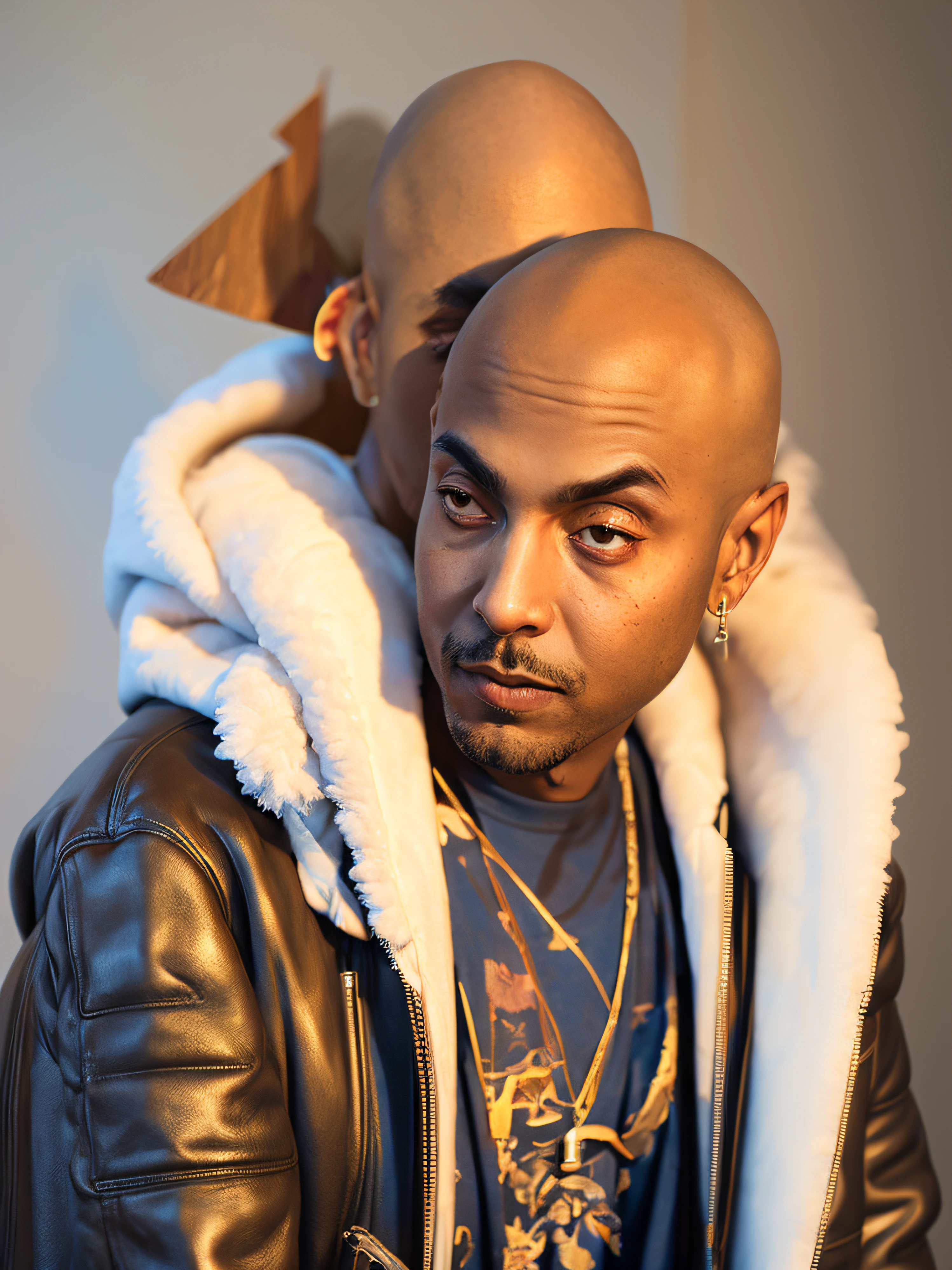 1rapper with Bald hair, Unique mink Fur Jacket (Virgal Abloh) (H R Gigger), fog, detailed and realistic image, amazing composition with vintage scenery with abstract shapes, abstract minimalist background with tentacles, melt, drip, yoshitomo nara:1.5, wes anderson:1.3, new casualism, retro, minimalism,BiopunkAI