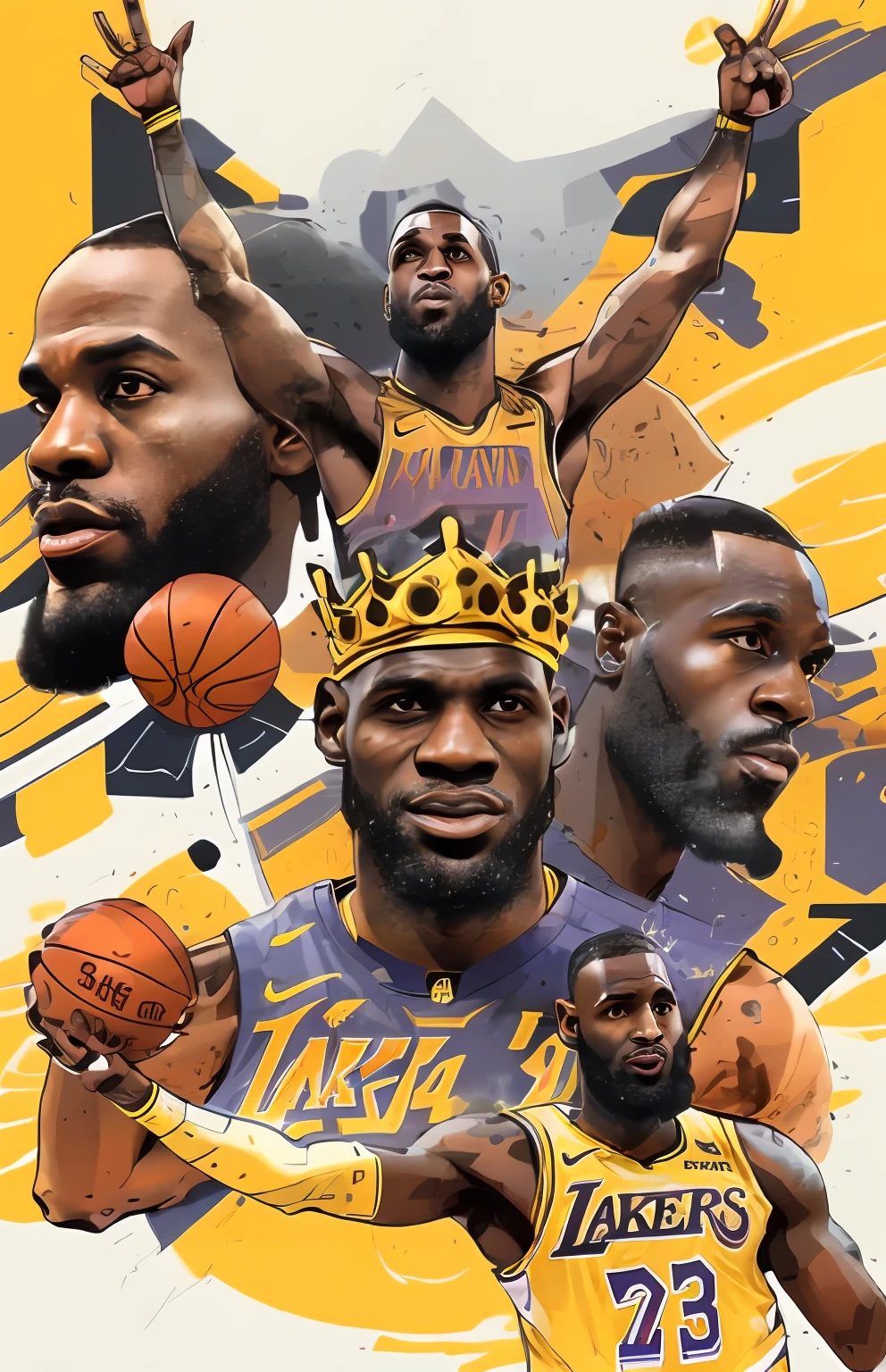 "(Super fine illustration of basketball superstar LeBron James wearing a crown,NBA Finals illustration,Portrait of James,Lakers fan art,official print,art cover illustration,Complete art style,Ultra-detailed poster illustration full of art)"