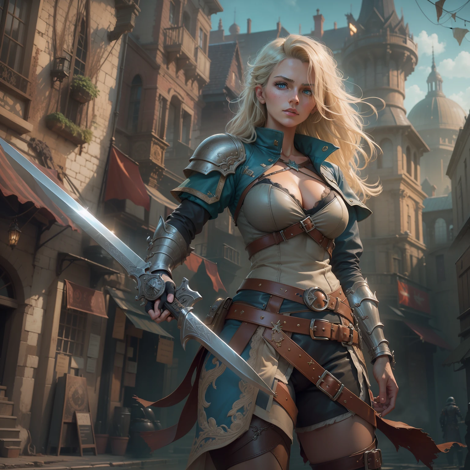 a European girls, solo, Blonde, tanned skin, cold-looking blue eyes, thin face, ripped body, wearing leather armor, leather legging, highnoon boots, carry a sword by waist and 2 pistol behind waist, medival, fantasy knight, realistic shadows, high quality, ultra detailed in 4k, 8k, high resolution,  sharp focus, depth of field, faded, (neutral colors:1.2), (hdr:1.4), (muted colors:1.2), hyperdetailed, (artstation:1.4), cinematic, warm lights, dramatic light, (intricate details:1.1), complex background, (rutkowski:0.66), (teal and orange:0.4)",  steampunk city background, best quality. stylish, rutkowski, hdr, intricate details, hyperdetailed, cinematic, rim light, danger atmosphere.