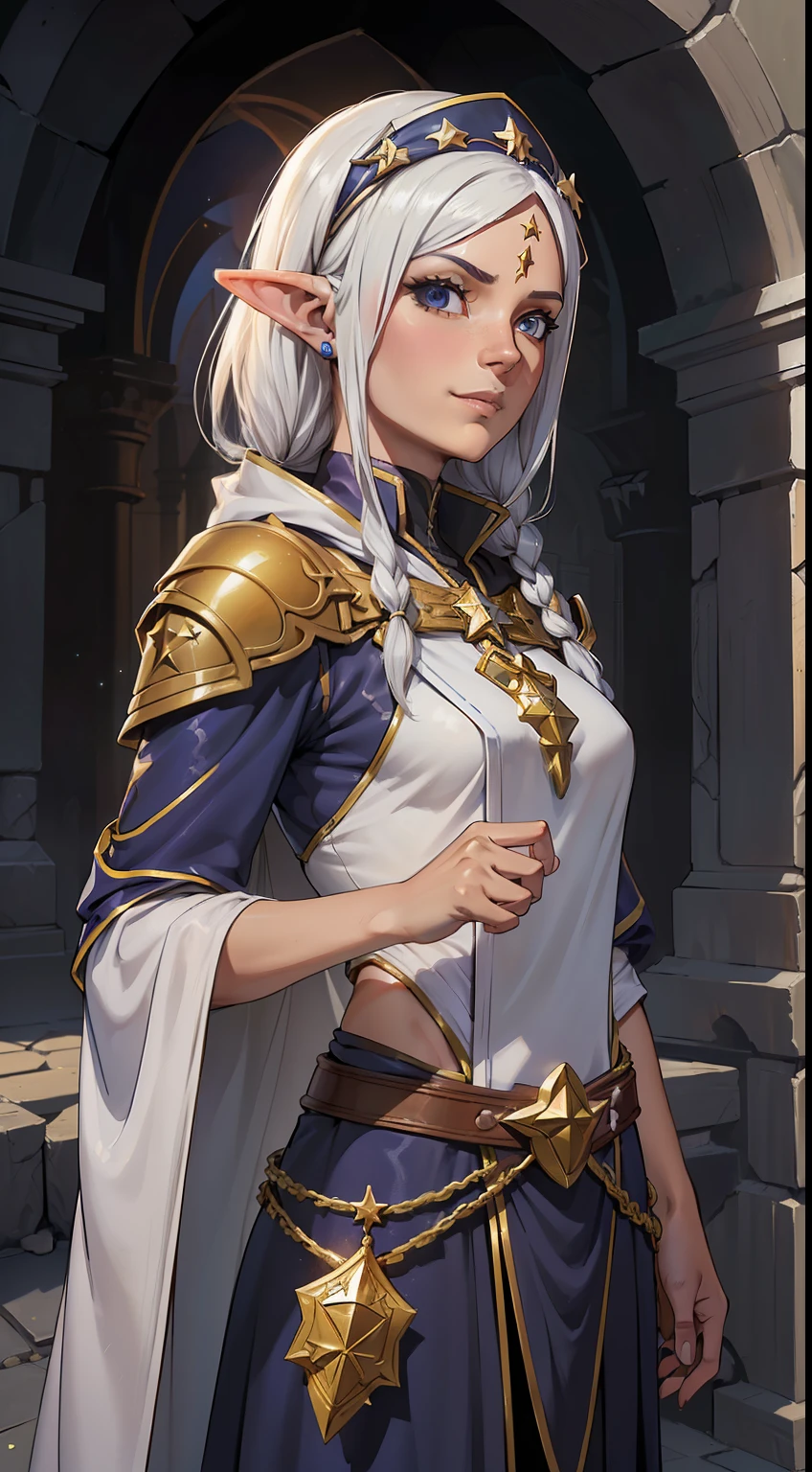 (papel de parede 8k extremamente detalhado:1.2), (melhor qualidade:1.2), (tema aventura e fantasia), perfil (personagem de Paizo Pathfinder RPG e Dungeons & Dragons), ((((1elfa)))), jovem, muito bonita, foco afiado, (subsurface scatter:1.1), fotografia premiada, ((Star Clerica Class:1.3)), ((tiro de meio corpo:1.1)), rosto centrado, expression serious, pele branca, sardas no rosto, cabelo prateado longo, olhos prateados:1.2, sorrindo, wearing silver clerical robes, (before mystical ruins l:1.3), (fundo muito detalhado:1.2), lighting dramatic