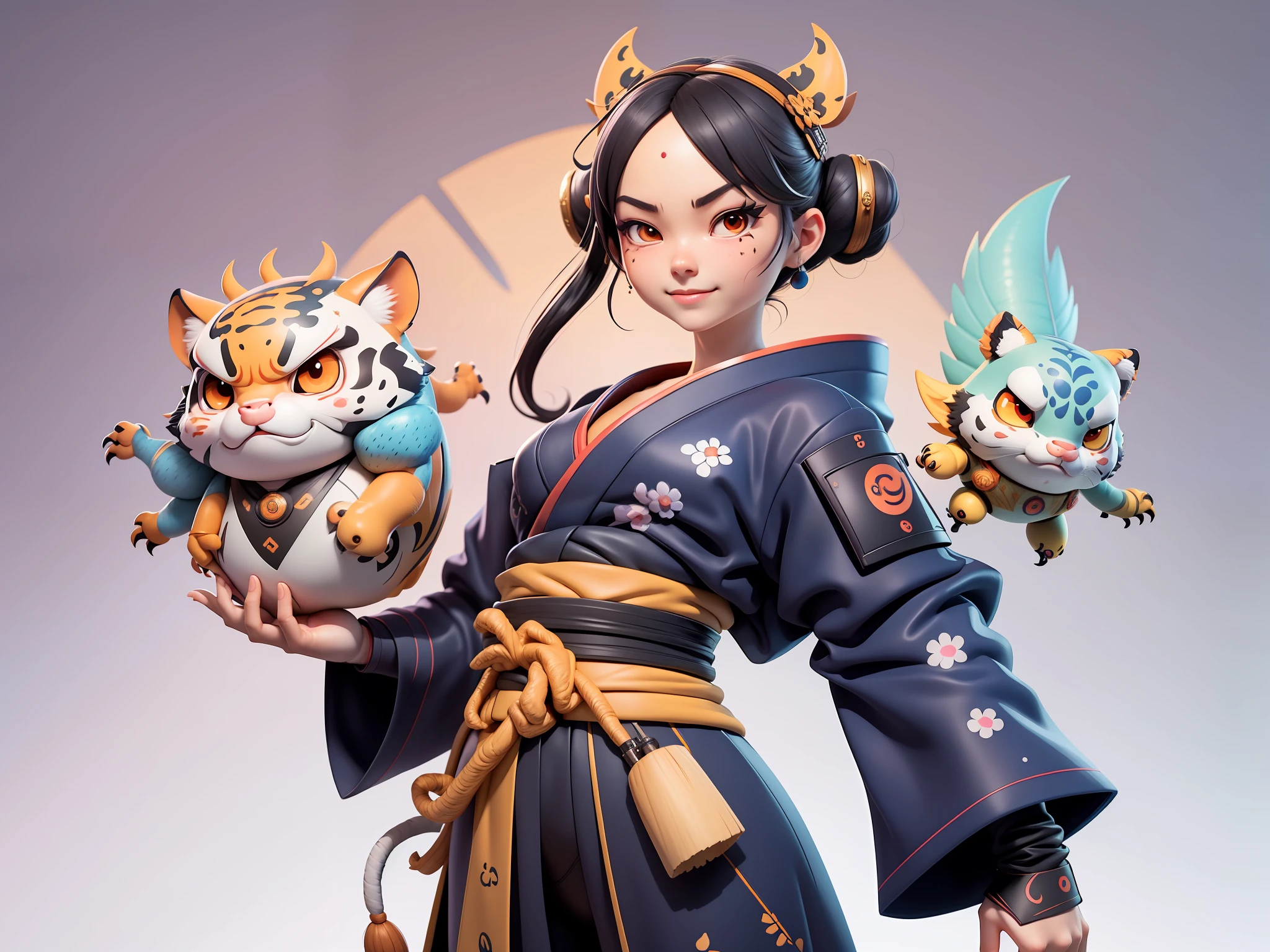 (Daisaku),(Need),(Super meticulous),(full bodyesbian:1.2),Japanese ukiyo-e girl,japanese geisha,Beautiful,Oriental dragon,one tiger,Aeolian Thor,Raised sexy,爆乳,Oriental face,TV Anchor,Bust portrait illustration,Alone,In black suit,a blue tie,The face is slightly chubby,The face was clean,without a beard,Black super short hair,Black eyes,Smile confidently,3C computer sub-products,iPad, iphone,Digital painting,3D character design by Mark Clairen and Pixar and Hayao Miyazaki and Akira Toriyama,The illustration is a high-definition illustration in 4K resolution,With very detailed facial features and cartoon-style visuals。