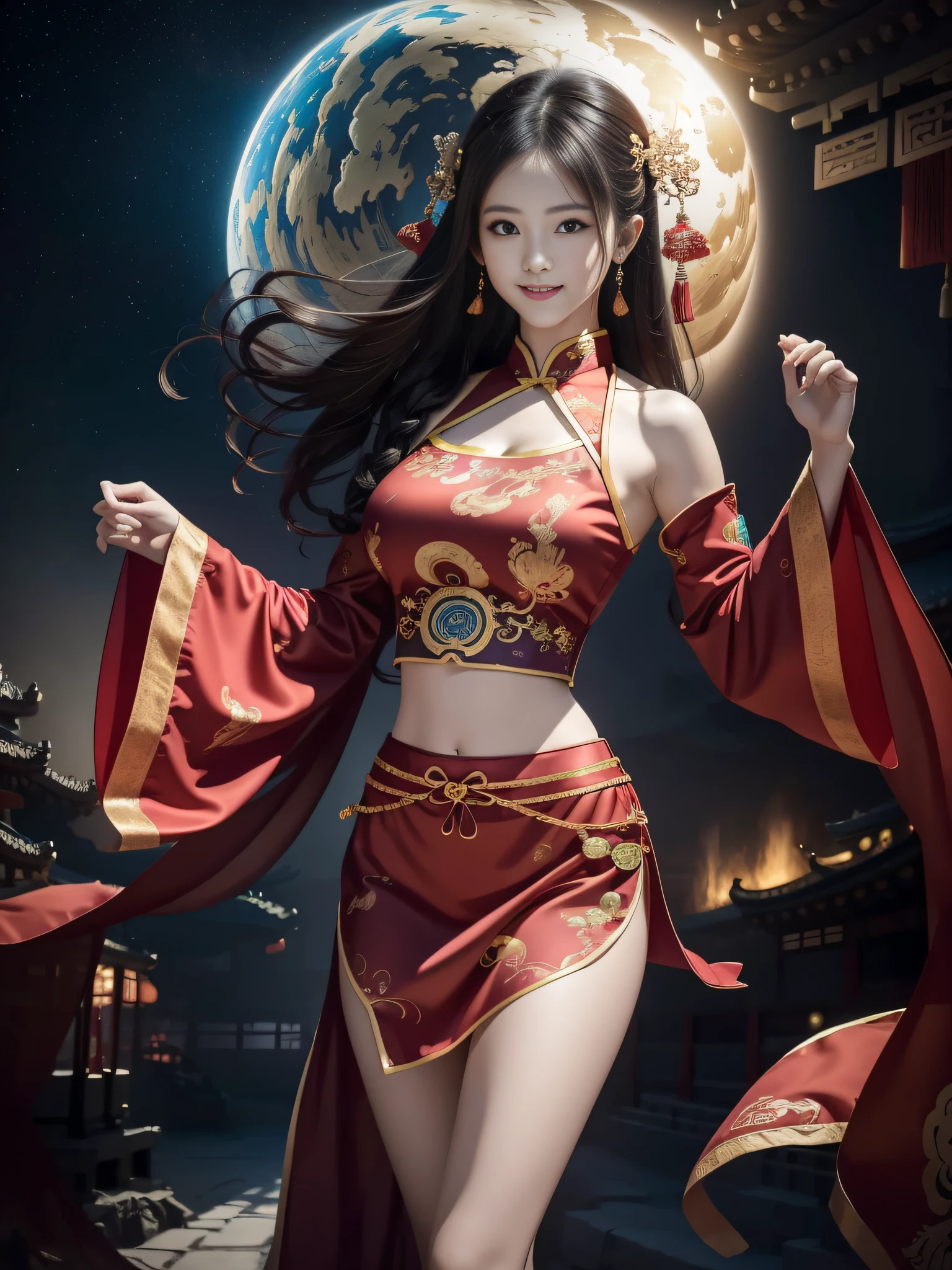 Official Art, Unified 8K Wallpapers, Ultra Detailed, Beautiful and Aesthetic, Masterpiece, Best Quality, (Zentangle, Tangle, Entangle), (fractal art: 1.4), 1girl, black hair, Chinese, bare shoulders, short skirt, calf, navel, very detailed, dynamic angle, cowboyshot, (most beautiful form chaos), flowing, (bright colors), oc, (half: 1.2), china, (thangka flying sky: 1.5), (ribbon: 1.3), (dream: 1.5), (hanfu: 1.5), Chinese dragon, Chinese phoenix, (smile: 0.5), (Chinese deity),