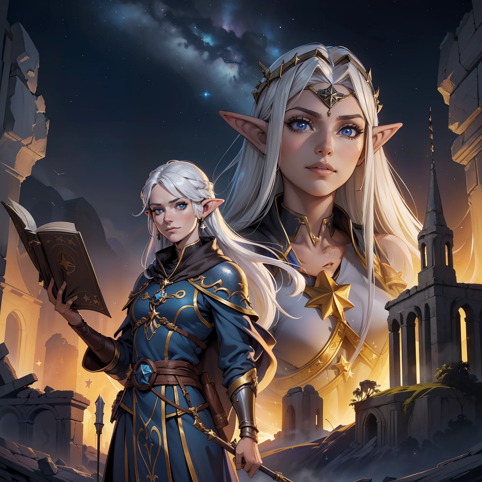 (papel de parede 8k extremamente detalhado:1.2), (melhor qualidade:1.2), (tema aventura e fantasia), perfil (personagem de Paizo Pathfinder RPG e Dungeons & Dragons), ((((1elfa)))), jovem, muito bonita, foco afiado, (subsurface scatter:1.1), fotografia premiada, ((Star Clerica Class:1.3)), ((tiro de meio corpo:1.1)), rosto centrado, expression serious, pele branca, sardas no rosto, cabelo prateado longo, olhos prateados:1.2, sorrindo, wearing silver clerical robes, (before mystical ruins l:1.3), (fundo muito detalhado:1.2), lighting dramatic