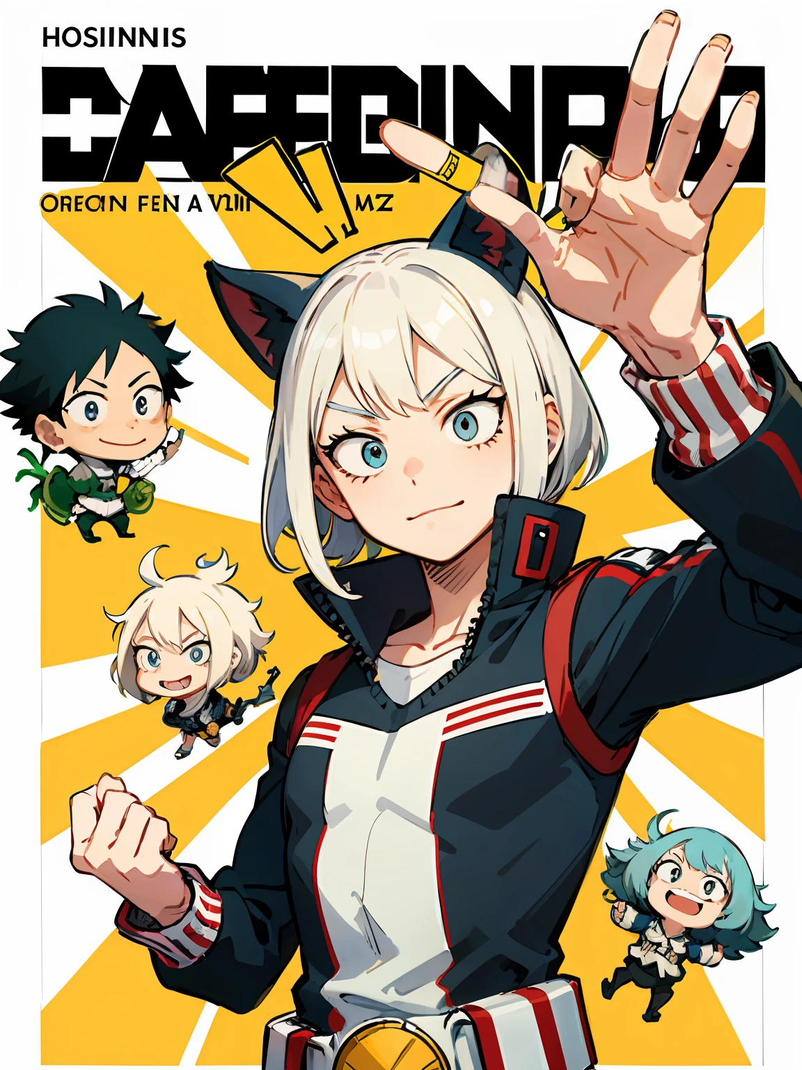 uma imagem de desenho animado, Villanious,hero colorful manga cover, arte de capa de quadrinhos, capa de quadrinhos, 2b, 2 b, vista grande, por Ignacio Zuloaga, boku no hero academia estilo, em my hero academia, cor espalhada, por Jamie Hewlett, capa de quadrinhos, My Hero Academia, garoto, corpo inteiro, perspectiva de cima, fantasmas, garota flutuando