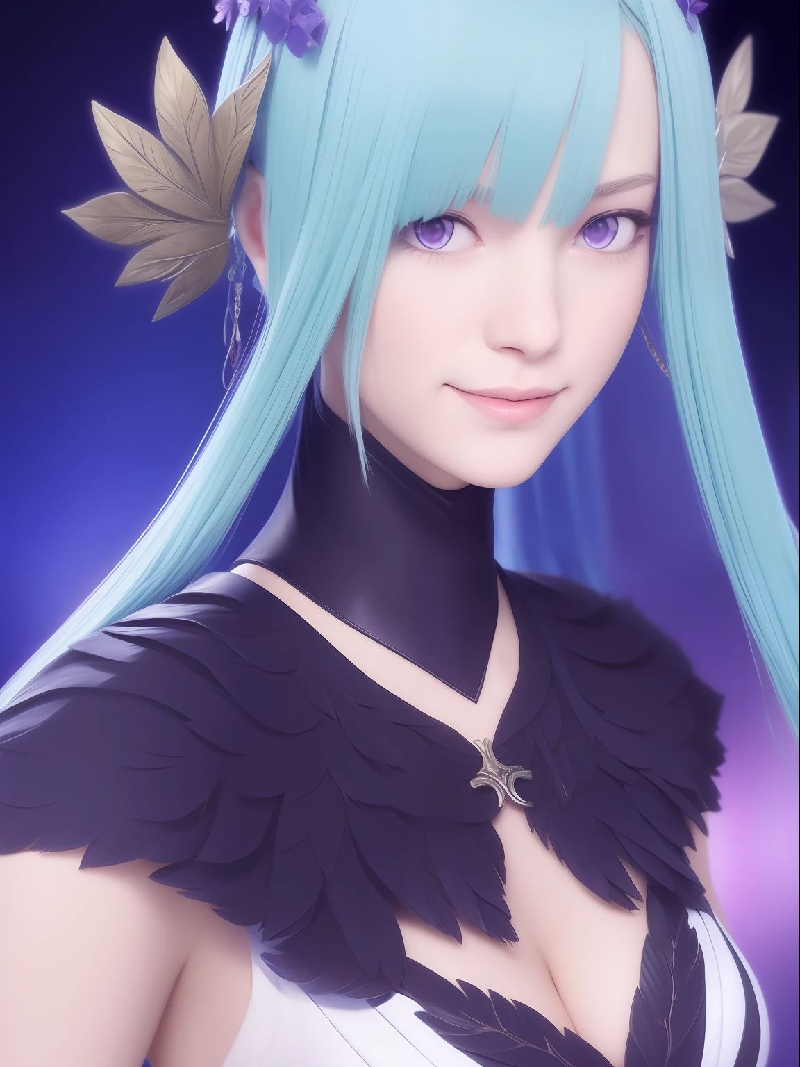 brynhildr lancer fgo,20-year old,pure,affectionately gaze,smile,laurel wreath,black dress,shyly pose, pretty round face,tall,very skinny,slender,light blue hair, cross-cut bangs strongly leans to the right,detailed hair