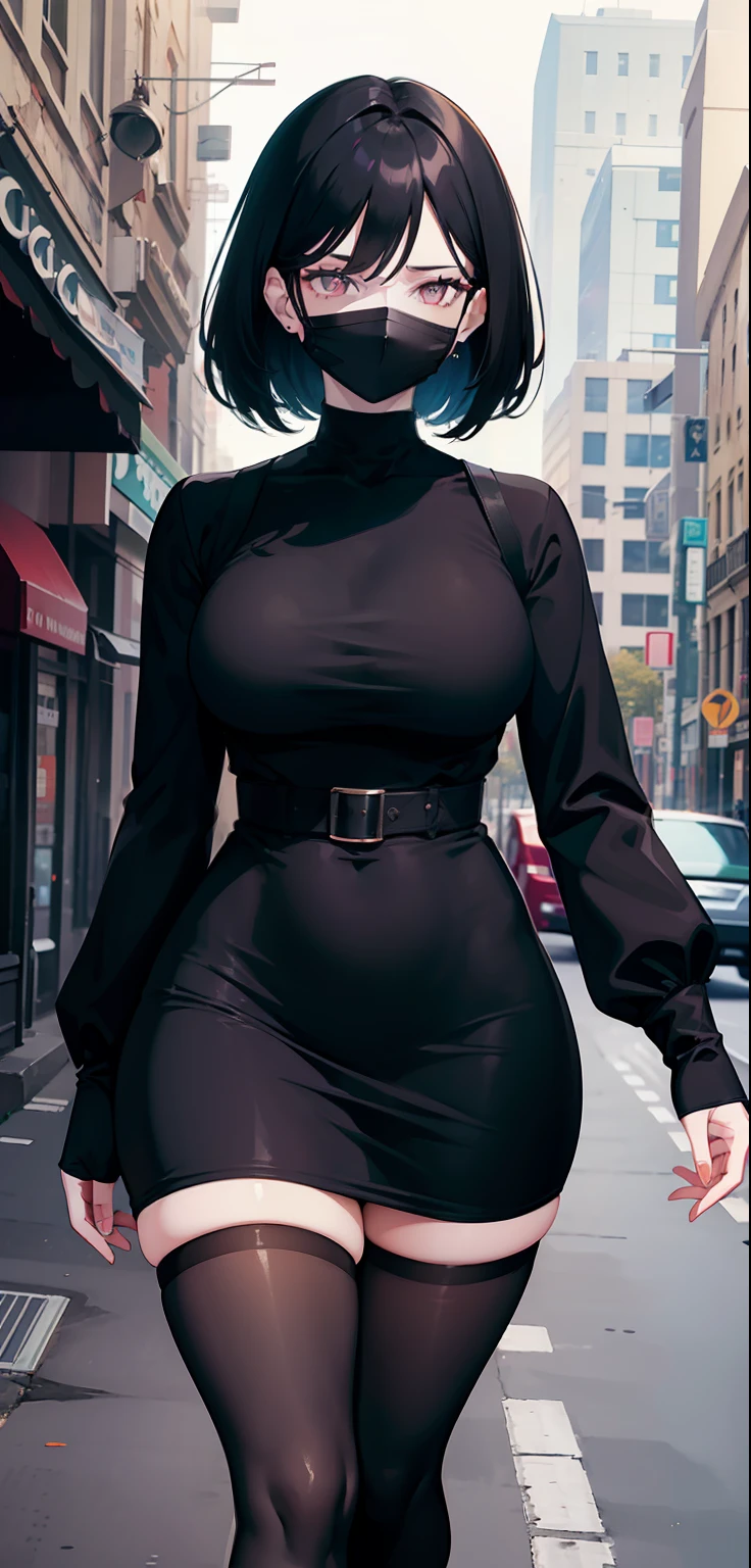 woman, pale skin, dark eyes, ear, eyebrow, mouth mask, big straight black hair, short black skin-tight long sleeve dress, thin waist, thick legs, thick thighs, background scenery, ultra-detailed street