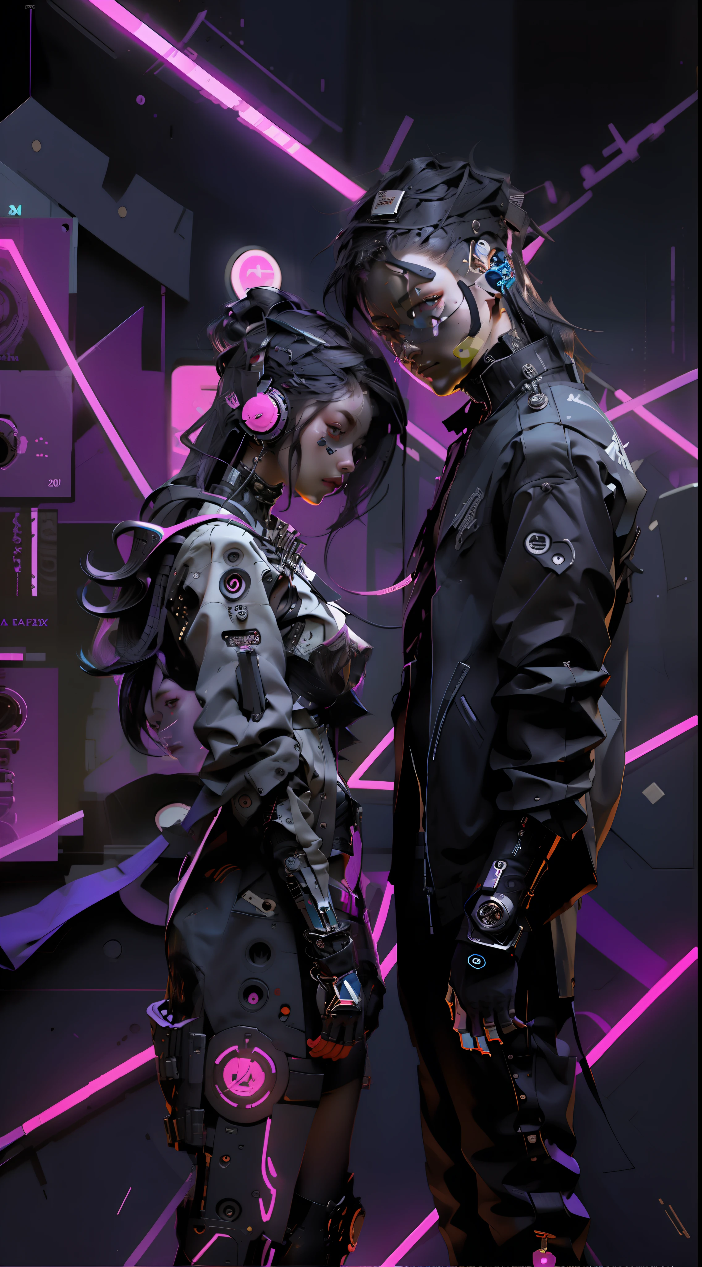 anime characters dressed in costumes and headphones posing for a picture, e-girl, nixeu and sakimichan, e - girl, cyber universe style, kda and sam yang, black cyberlox, cyber style, vrchat, in cyber punk 2077, cyber punk setting, in a cyber - punk ally, cyber punk, scifi background , futuristic bacjground 4k , 4k