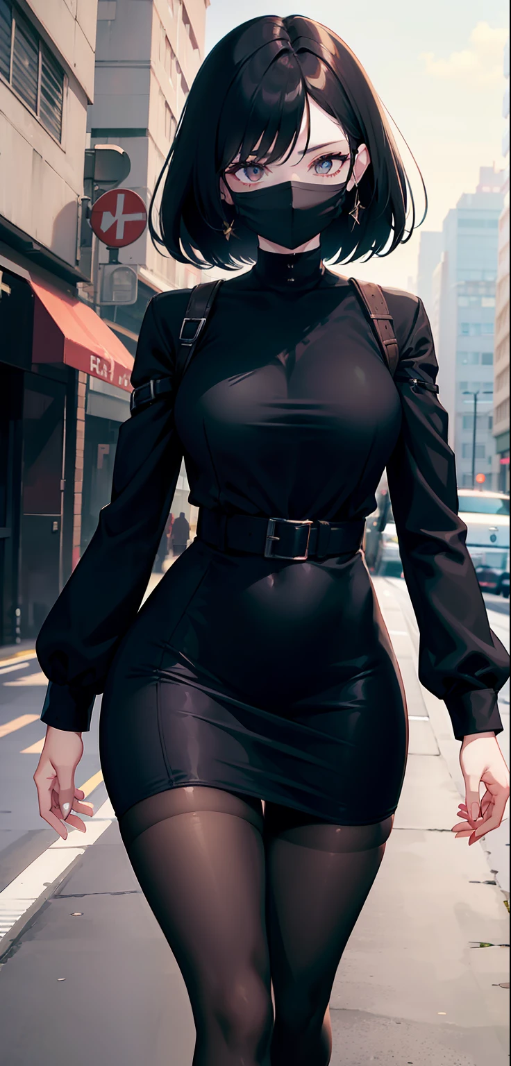 woman, pale skin, dark eyes, ear, eyebrow, mouth mask, big straight black hair, short black skin-tight long sleeve dress, thin waist, thick legs, thick thighs, background scenery, ultra-detailed street