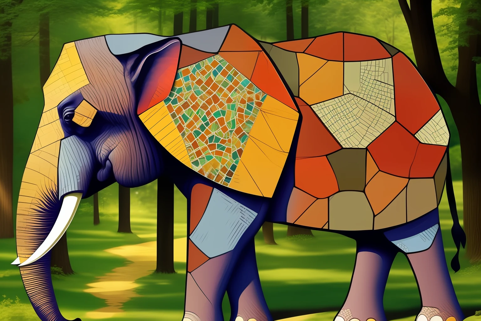 Elephant on a forest. Image looks like a mosaic of hexagonal pieces, Roman art tessellarum inspired. Colourful.