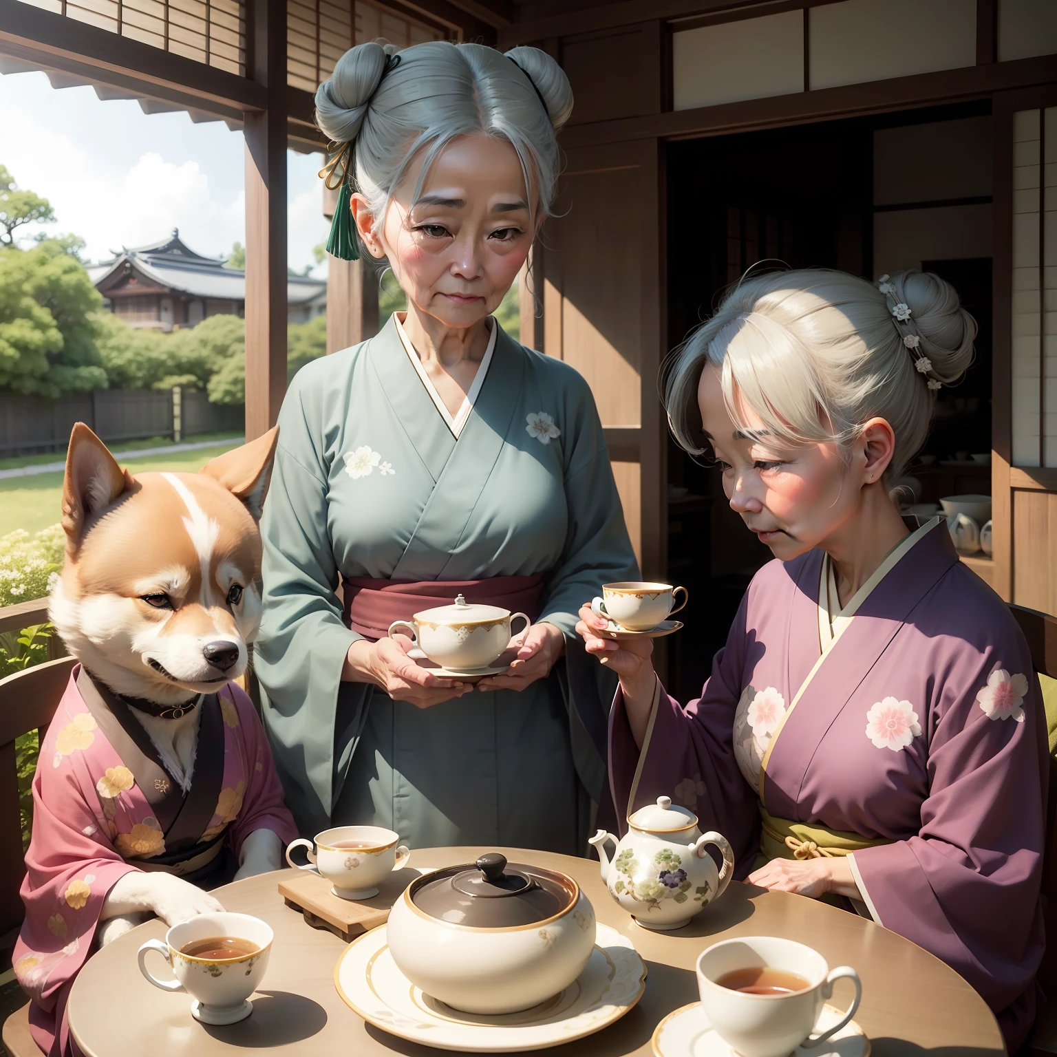 Bun、old women、Gray hair color、grandmather、Shiba dog、Dogs and friends、veranda、Hyuga Bokko、Kimono、80years old、Drink green tea、closing eye、teacup、wagashi