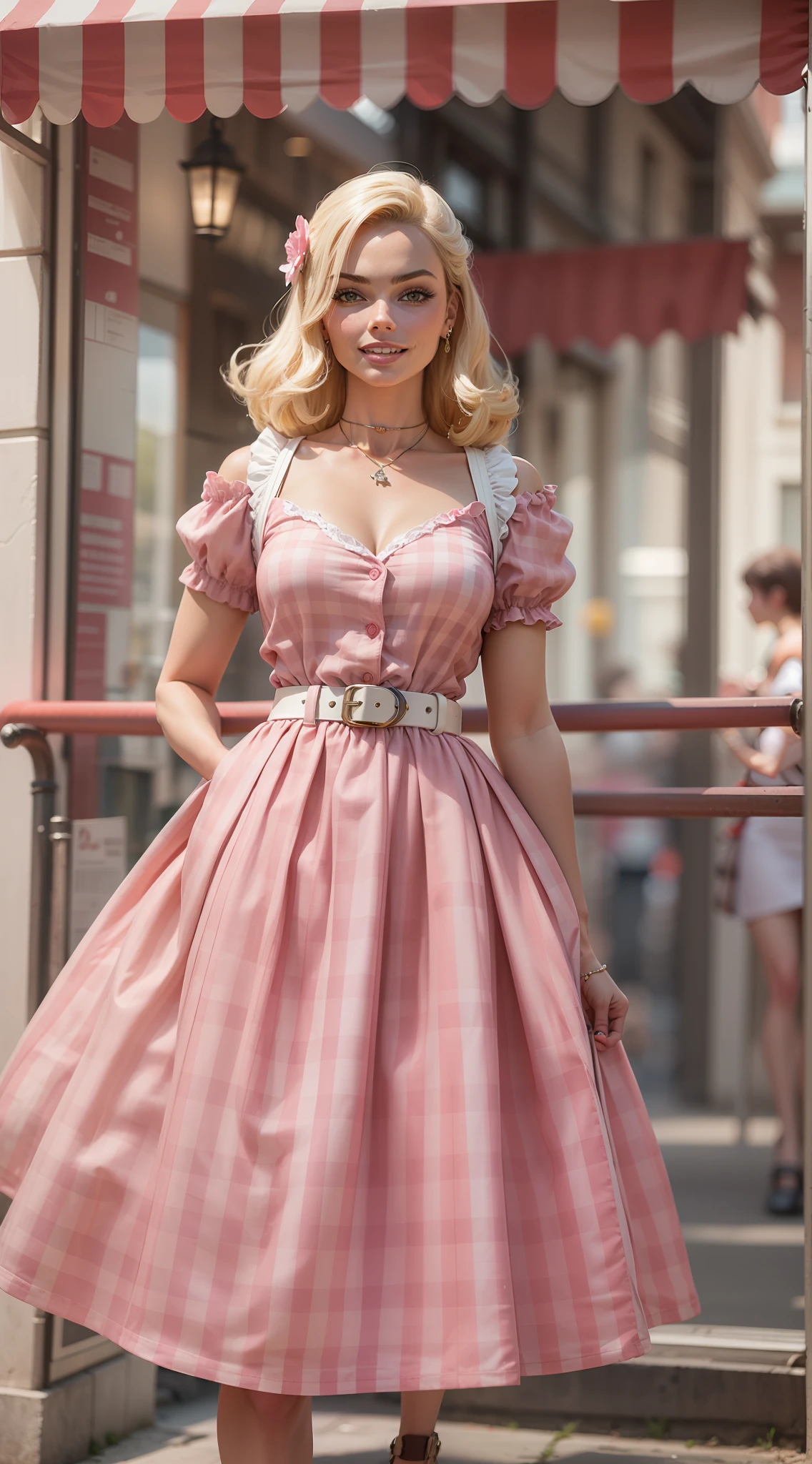 boneca barbie, parece Margot Robbie, louro, Vintage-inspired pink and white gingham dress, saia plissada completa , sapatos cor-de-rosa a condizer, belt, cabelo meio para cima e amarrado com uma fita rosa, e joias como no filme, Vista de altura total, Coloridos, Fundo branco puro, smile