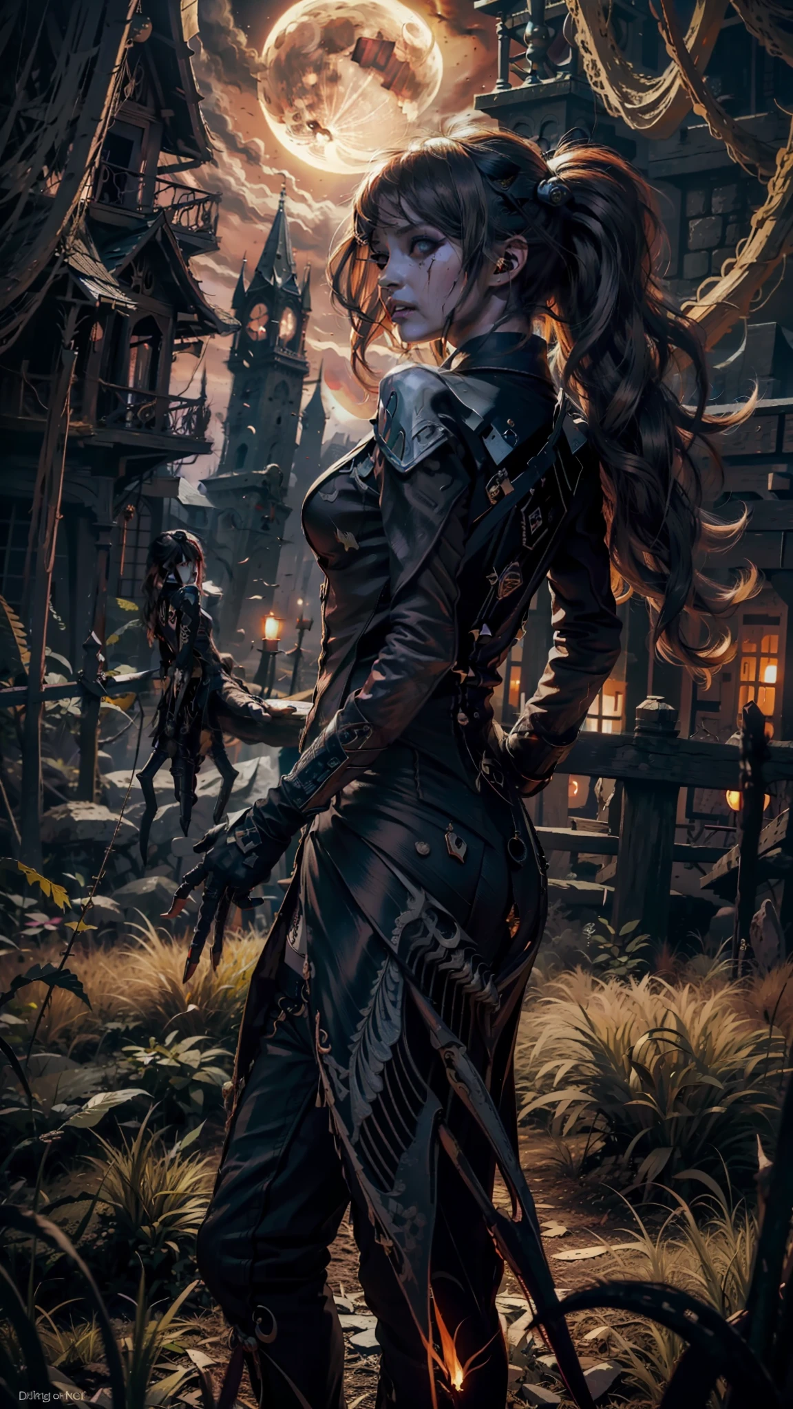 Fine matte painting, skeleton dark angel big wings haunted castle on drawing table full of knives, horror, spookiness, scary, secret horror, tentacles, vines, eyes, uncanny valley effect teeth, limbs, animals, blood moon