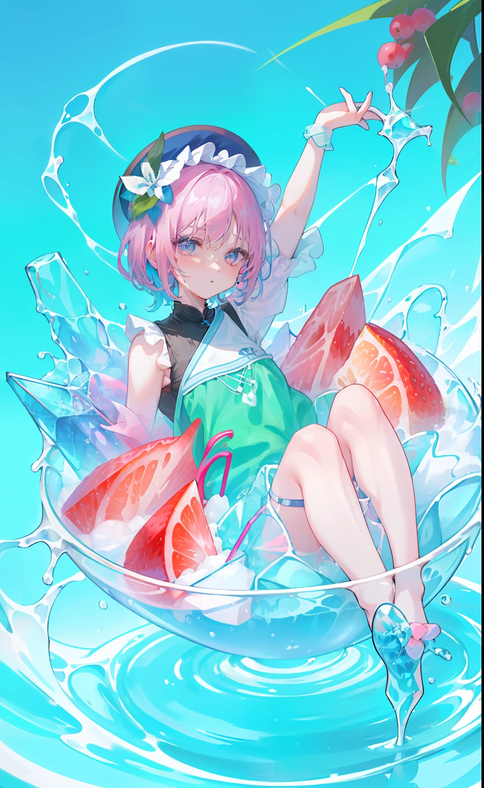 in container、1girl in、独奏、short-hair、Light blue juice、Fresh fruit、a blue skirt、full body Esbian、sitting on、(Drink a glass:1.2)、in drinking glass、Look at viewers、icy、Cool、Cold、neon color、Pink hair、Tropical birds