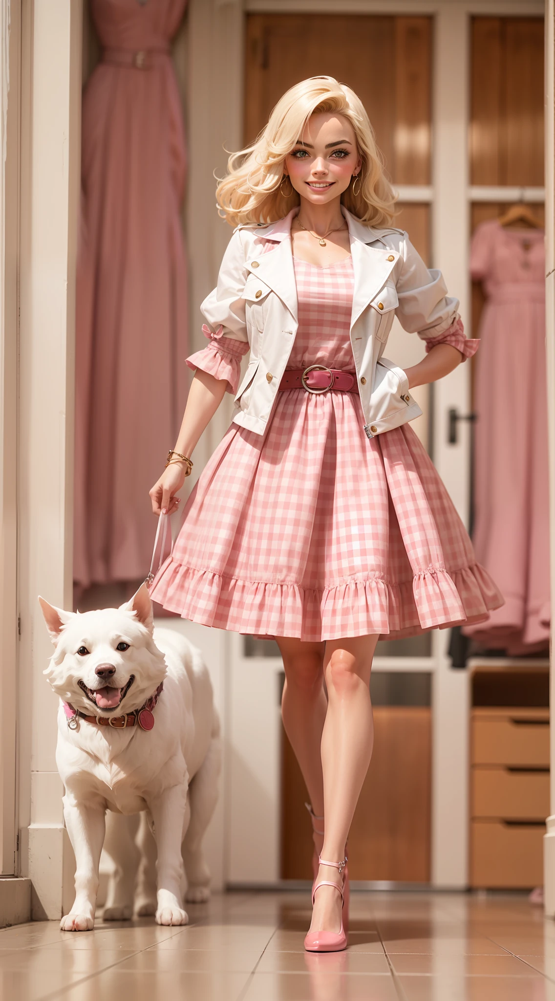 boneca barbie, parece Margot Robbie, louro, Vintage-inspired pink and white gingham dress, saia plissada completa , sapatos cor-de-rosa a condizer, belt, cabelo meio para cima e amarrado com uma fita rosa, e joias como no filme, Vista de altura total, Coloridos, Fundo branco puro,smile