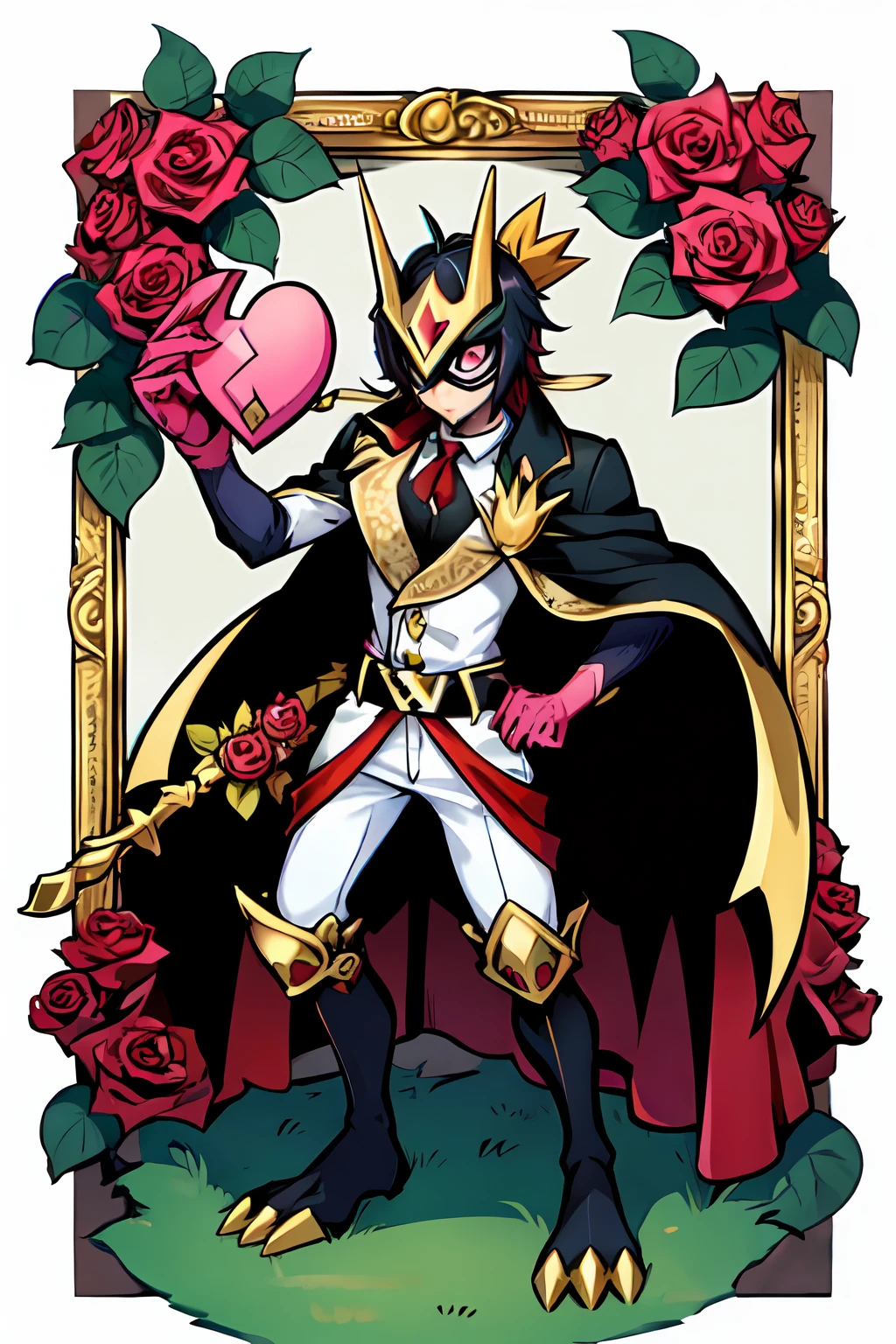 (masterpiece, best quality:1.2), solo, male focus, 1boy, ((riddle rosehearts as a Digimon)), ((Overblot))angry, closed mouth,pout , looking at viewer, holding a scepter, mini crown, white shirt, cape, Pants ((white , black ,red and gold color scheme:1.4)),(( pink skin))((Rose themed)), ((Plant monster)), beast ,digimon \(creature\),(( Rosemoninspired)),(( eyes covered by mask)),((broken heart Details))