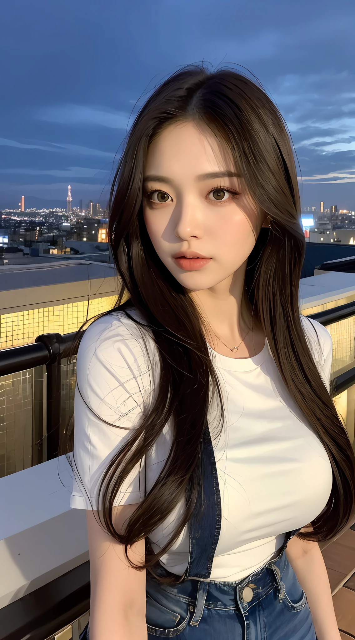 ((Midnight, Best quality, 8k, Masterpiece :1.3)), Whole body, Long legs, Sharp focus :1.2, A pretty woman with perfect figure :1.4, Slender abs :1.1, ((Dark brown hair, Big breasts :1.2)), (White tight tshirt, Jean bib, Standing:1.2), ((Night city view, Rooftop:1.3)), Highly detailed face and skin texture, Detailed eyes, Double eyelid