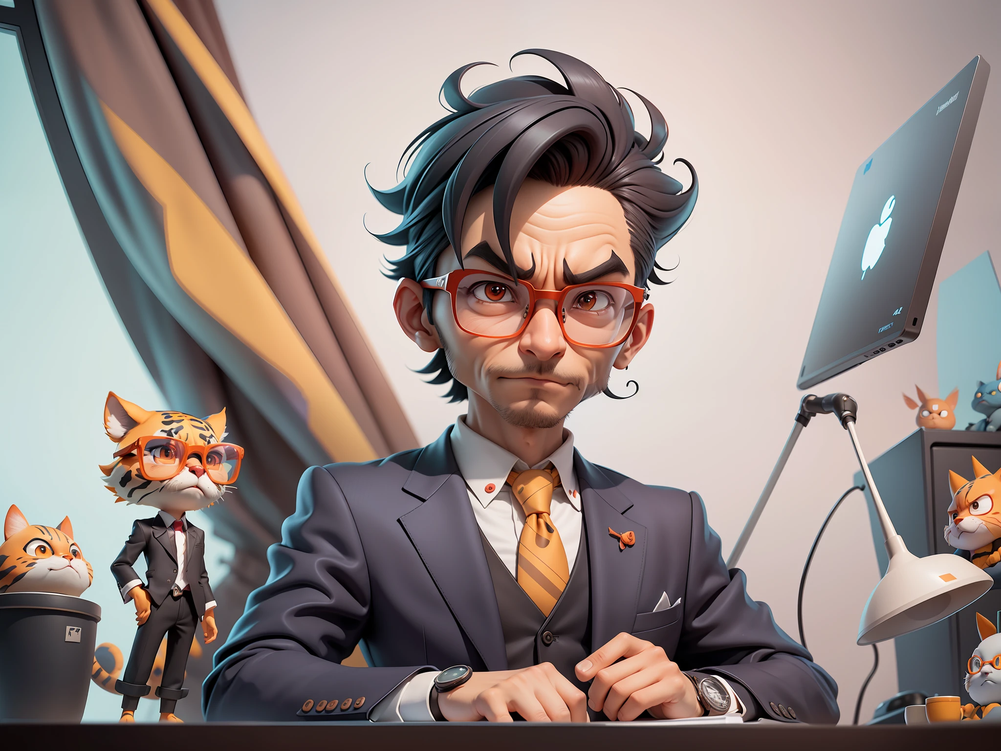 A young man in a suit, Short hair and glasses sat at his desk，holding laptop，digitial painting，tigre，3D character design by Mark Clairen and Pixar and Hayao Miyazaki and Akira Toriyama，4K HD illustration，Very detailed facial features and cartoon-style visuals。