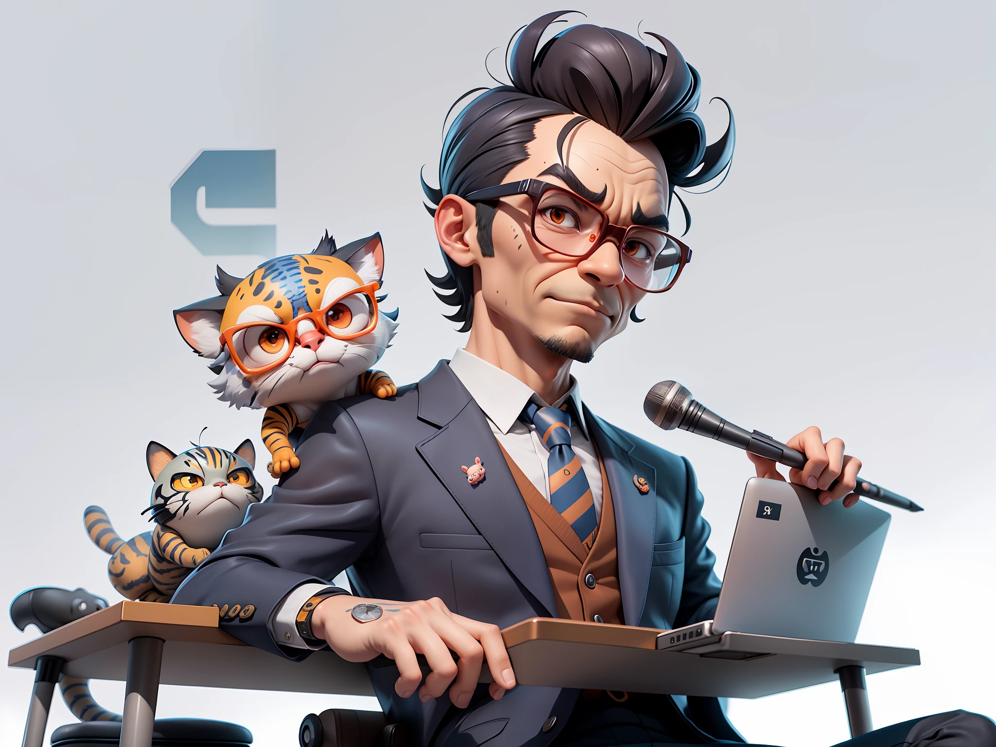 A young man in a suit, Short hair and glasses sat at his desk，holding laptop，digitial painting，tigre，3D character design by Mark Clairen and Pixar and Hayao Miyazaki and Akira Toriyama，4K HD illustration，Very detailed facial features and cartoon-style visuals。