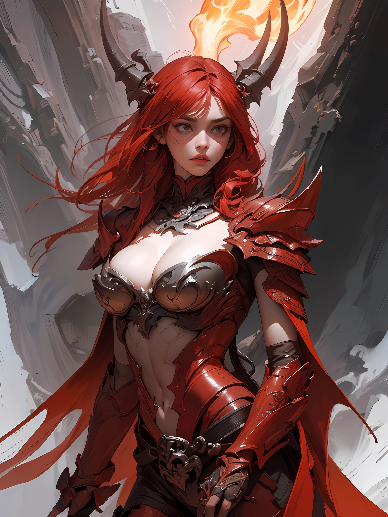 (Artwork of exceptional craftsmanship),(Detailed illustrations,(Very ideal anatomy),Very detailed and detailed drawing,Delicate lines with slow and rapid,(Realistic texture expression)),[Color tressed main line],[Lava cave background [Hot hell:0.4]],HENAI ANIME (Red-skinned DemonGirl 19 years old slender muscular) Flame hair (Devil's Knight:0.8),(Bone armor [crack in the chest:0.6] [Blade of Fresh Blood:0.4]) (edg),[[Dark Fantasy]],(Perfectly proportioned),(Fine and beautiful skin expression [realistic skin detail]),[Design built to the highest level,[Advanced structural understanding of materials],Ideal color coordination],(Intricate and beautiful decoration [Dense detail]),(More on shiny hair),[Perfect hand details [Beautiful Finger]],(Beautiful perfect face [Realistic face details]),[Clear gaze],[long and beautiful eyelashes],[Perfect eye details (Eyes beautifully drawn down to the smallest detail)],(detaileds,high-detail),([Precision Detail],[multi-layer texture],HighQuality,hight resolution),[(Accurate simulation of light-material interactions),Understanding Airflow,Mechanically correct representation],[Visual art that conveys a sense of narrative] [Full body like],[[Desaturation]].