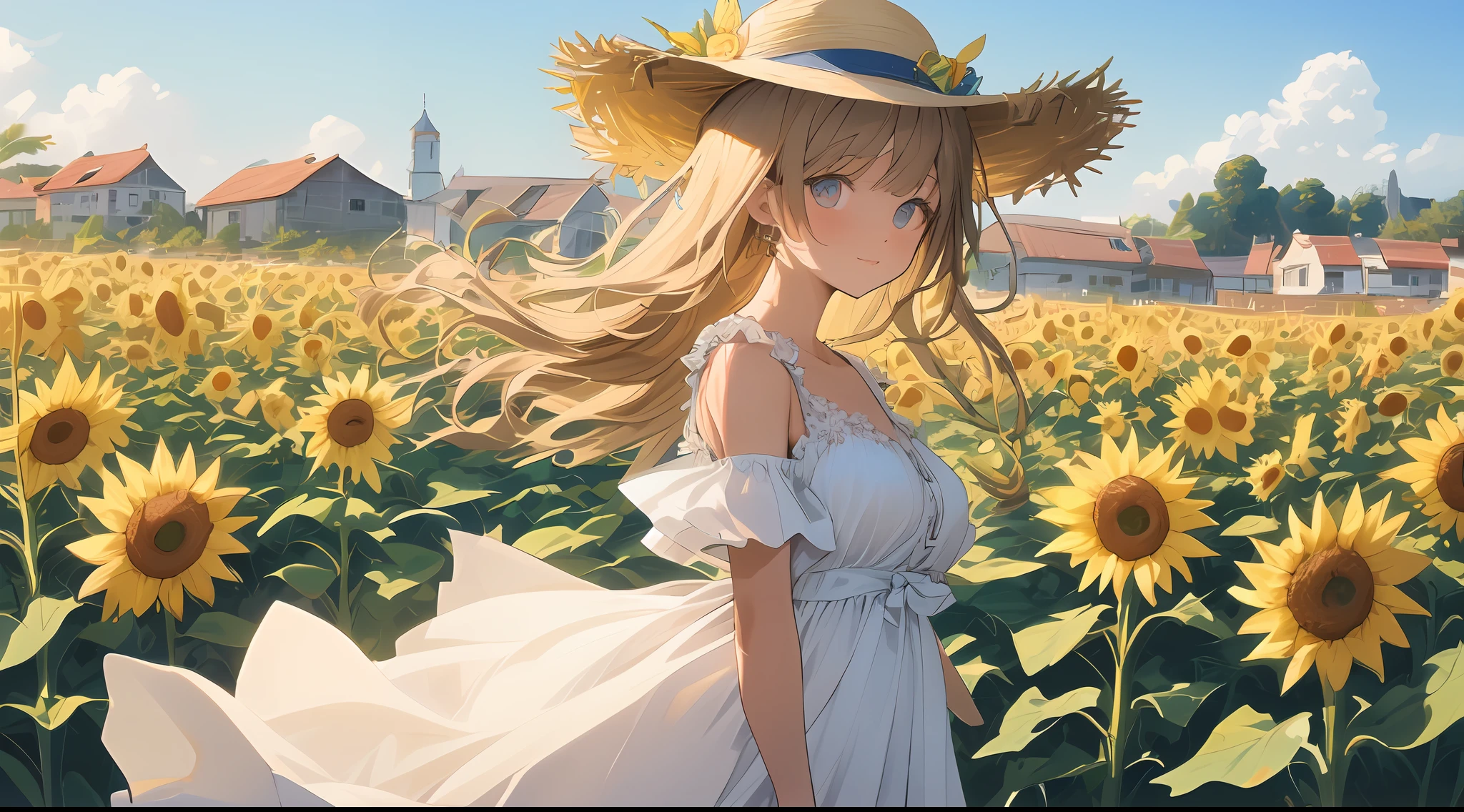 (masterpiece), (best quality), high details, beautiful illustration, (solo), (girl), beautiful hair, beautiful eyes, white dress with shoulder-less, straw hat, sunflower field, old town