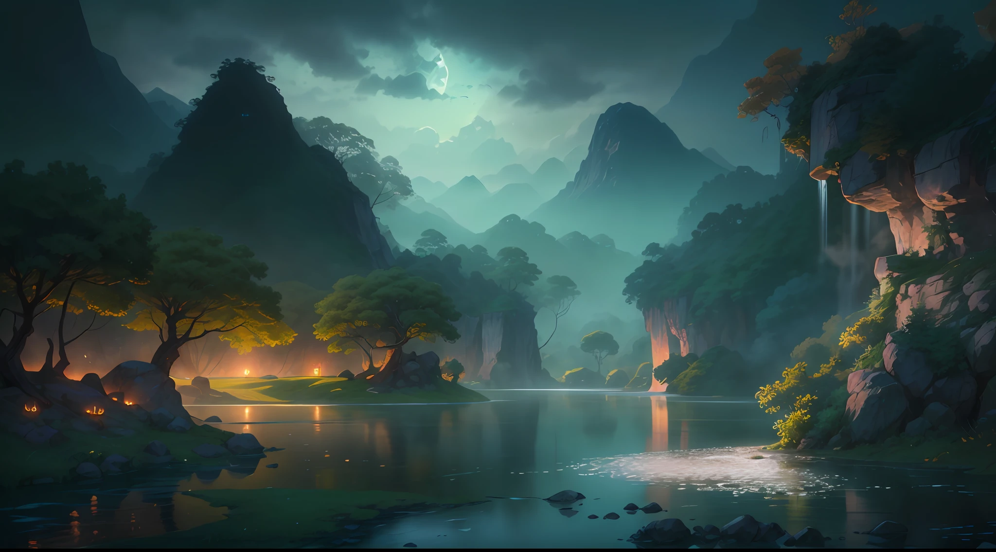 Hot springs, heat, water vapor, waterfalls, ancient Chinese times, jungles, lakes, caves, trees, meadows, night (illustration: 1.0), epic composition, realistic lighting, HD details, masterpieces, best quality, (very detailed CG unified 8k wallpaper)