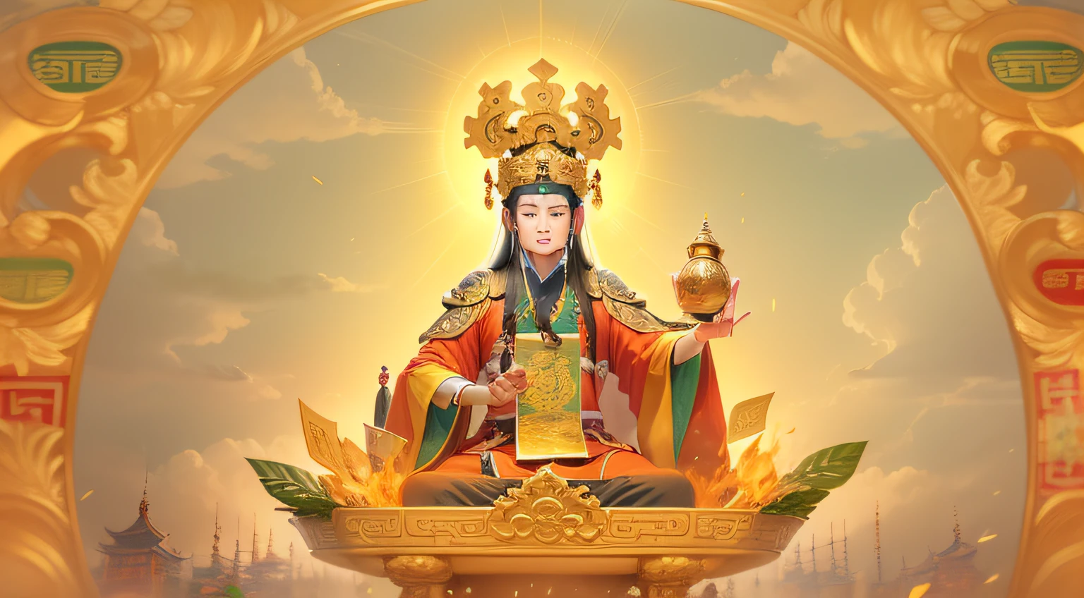 (((God of Wealth Zhao Gongming))), Shinsen image, Extraordinary treasure, Draw finely, vividly realistic, A monumental masterpiece, Wearing a robe, The face is solemn, a golden halo, Wisdom is revealed between the eyebrows, Eyes like electricity, absolutely still, A festive smile, It's a peaceful place to watch, Good luck, Flaming gold hands, Dress up gorgeously, Money rolls in, Worship and worship, Get rich, Rich and full.