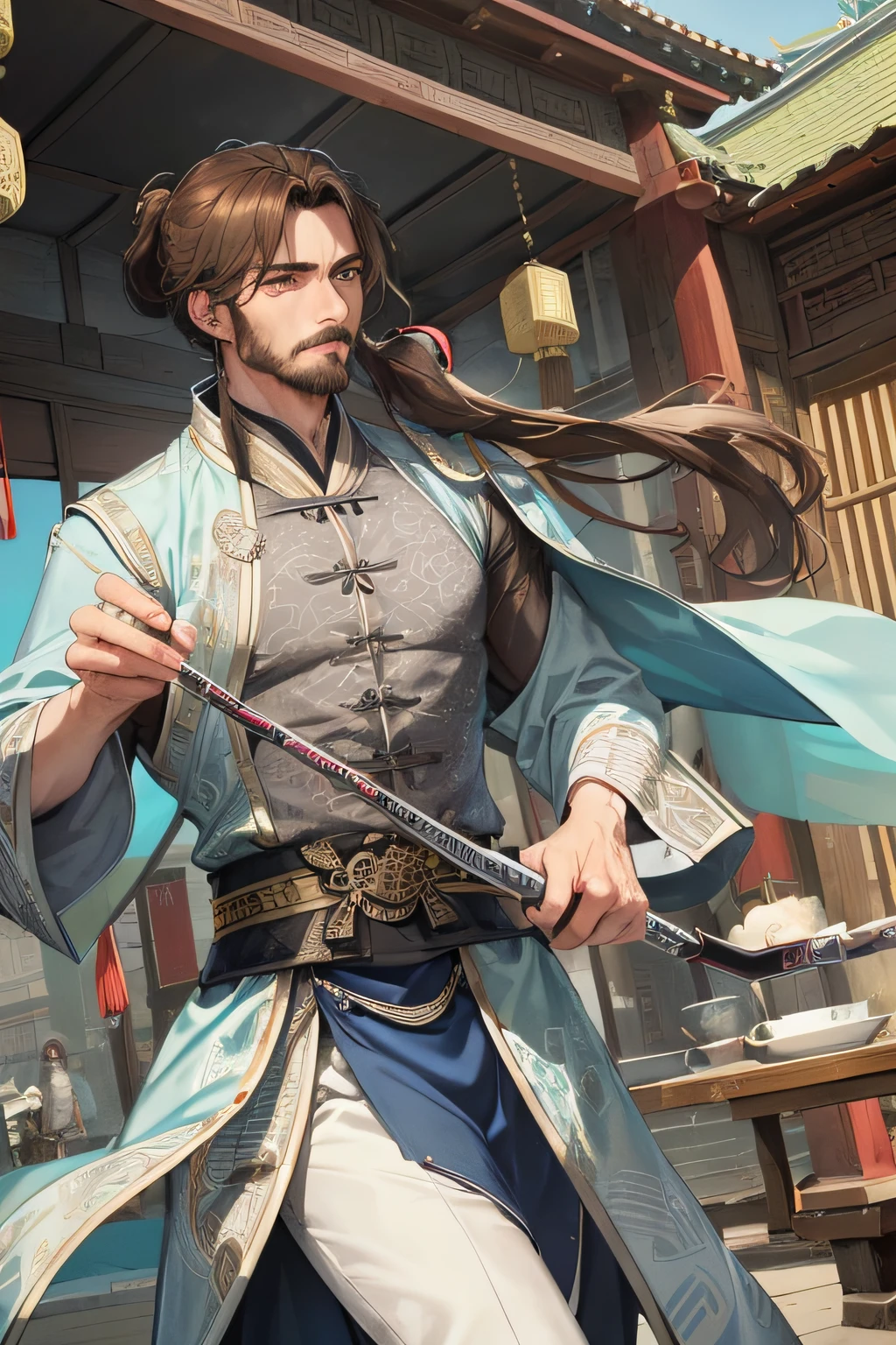 Masterpiece, Best quality, Daytime, 1 man, (Middle age), (sbeard)Chinese style, Ancient China, Chinese palaces, eagle, Turquoise brown hair, grey blue eyes, Split ends, Long hair, Long bangs, pony tails, Handsome, Handsome, Masculine, Serious, gentle, Tall, Quiet, light blue attire, Unicorn pattern, crutch