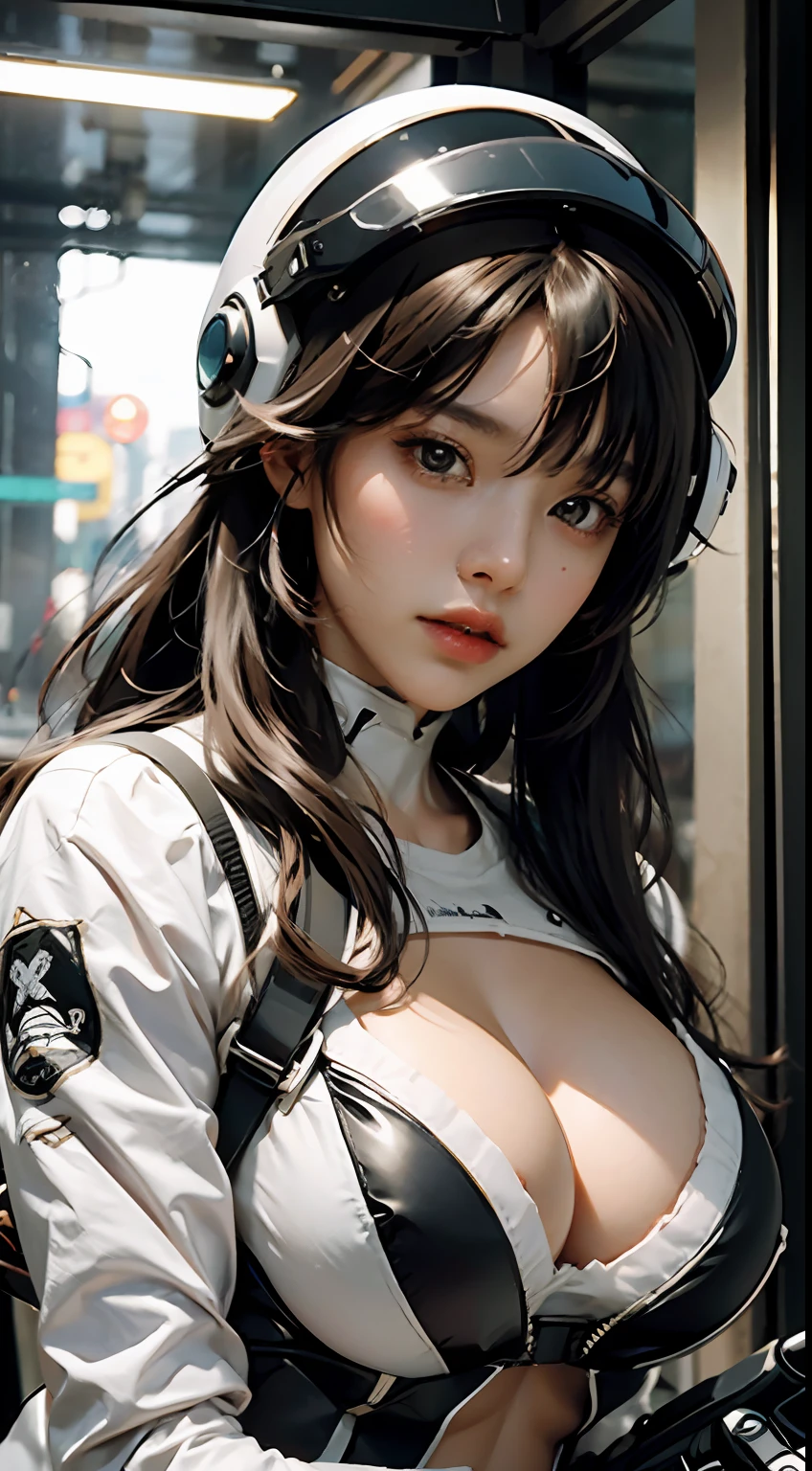 Highest image quality, outstanding details, ultra-high resolution, (realism: 1.4), the best illustration, favor details, highly condensed 1girl, with a delicate and beautiful face,big breast, open shirt, big cleverage, dressed in a black and white mecha, wearing a mecha helmet, underware, holding a directional controller, riding on a motorcycle, the background is a high-tech lighting scene of the future city.