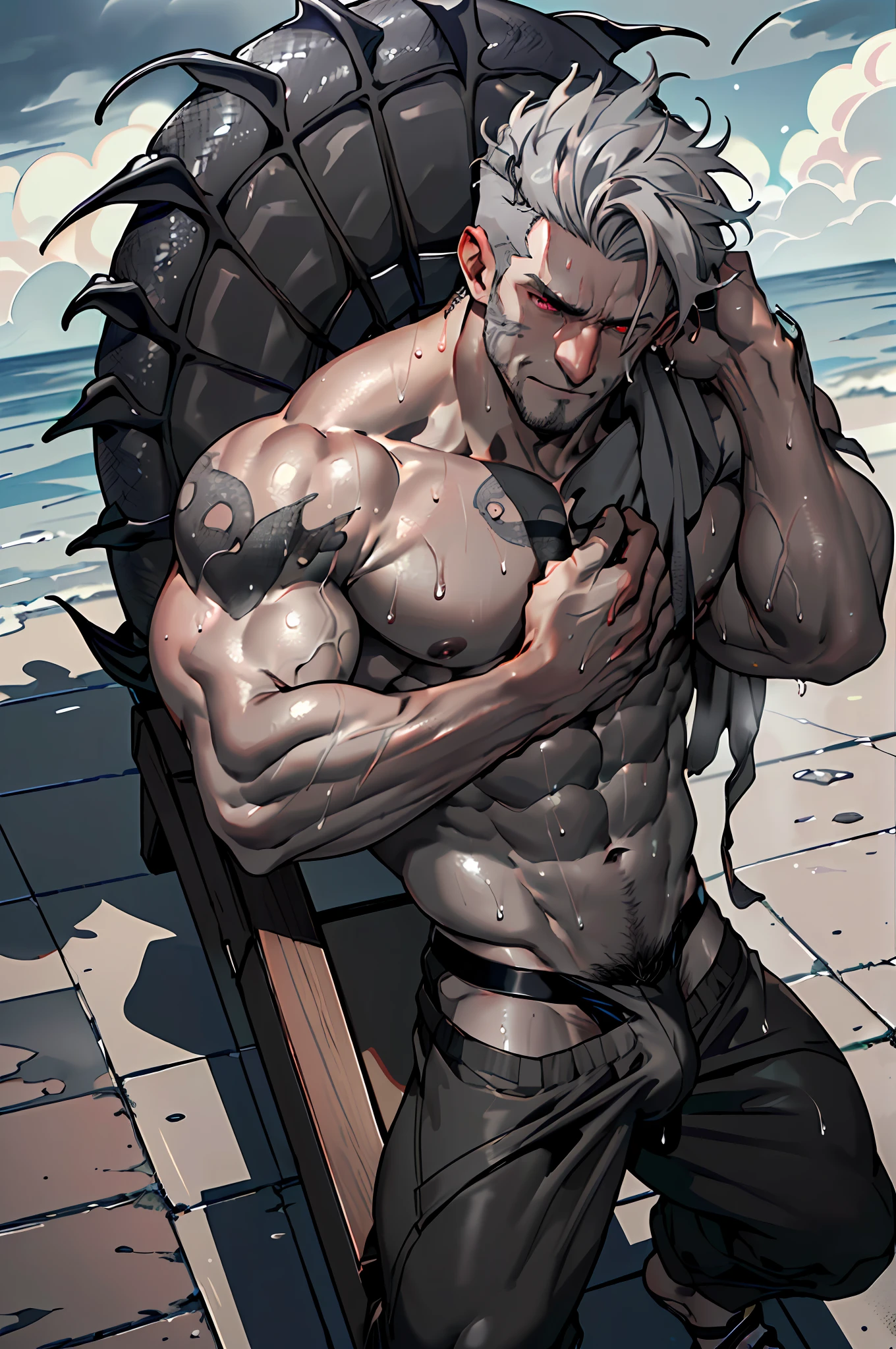 ((Top Quality, 8k, Masterpiece: 2), fit boy with gray skin, lying down, top view(Male Focus), armpit, masculine shape, masculine, rough, raised , sexy, correct anatomy::, photorealistc, model, Full Body, almost naked, POV, top angle,correct anatomy, explicit content,bara, pubic hair,dripping, very short hair, dark brown hair,(sweat:1.3),bodily fluids,precum,pain expression,hd, dark shadows, jockstrap:1.5, handsome man with dark gray skin and a toga wrapped around his waist, white hair, short haircut, wavy hair, curly white hair, dragon scales, man with dragon scales on his skin, stormy background, black clouds in the background with red lightning, 8K, artgem, (gray skin:1.5)