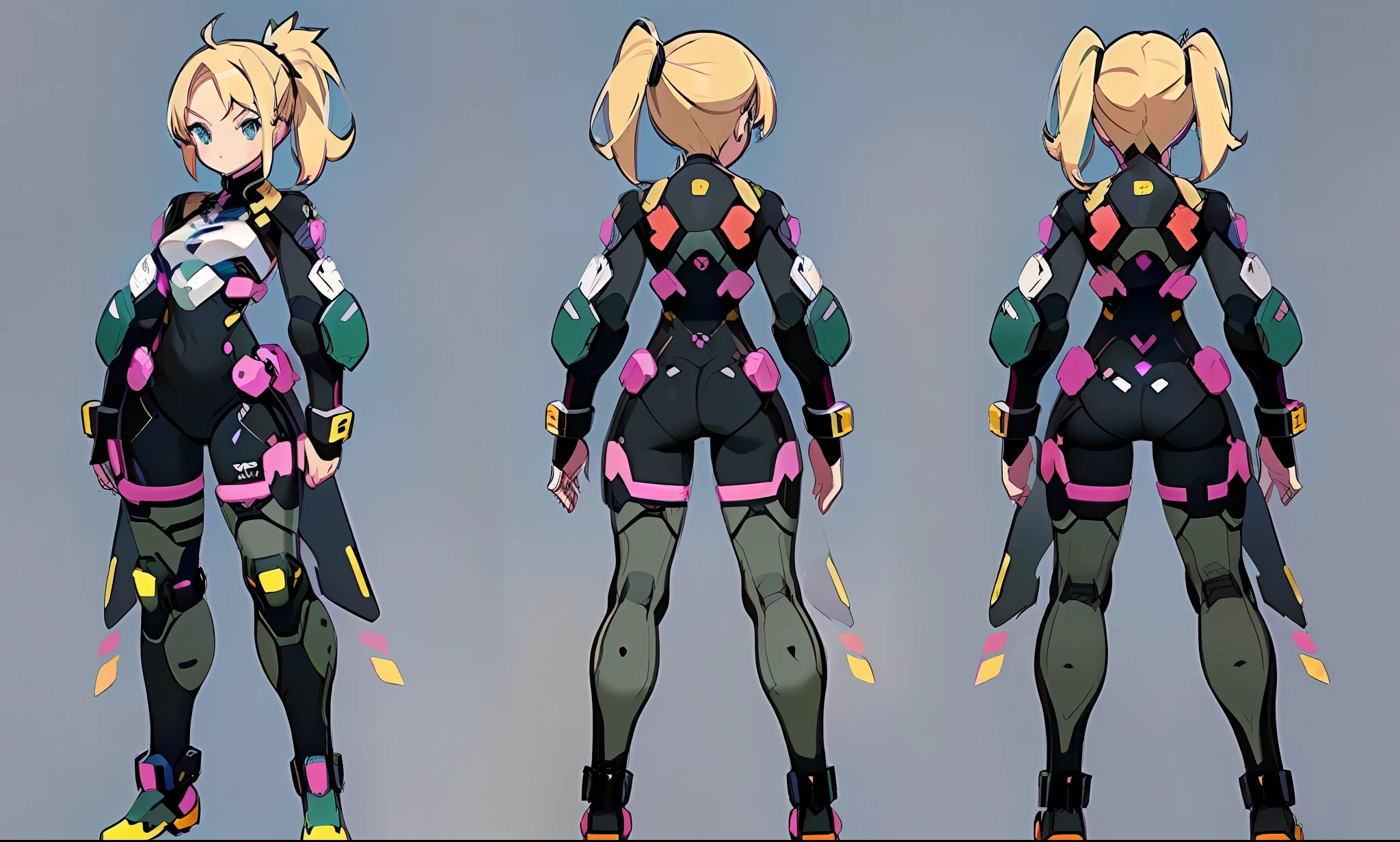 ((masterpiece)), (((best quality)), (character design sheet, the same as the whole body of the character, front, side, back), illustration, a blonde double ponytail girl warrior in cyber science fiction suit, posture Kota, female, charturnbetalora, (simple background, white background: 1.3), --6