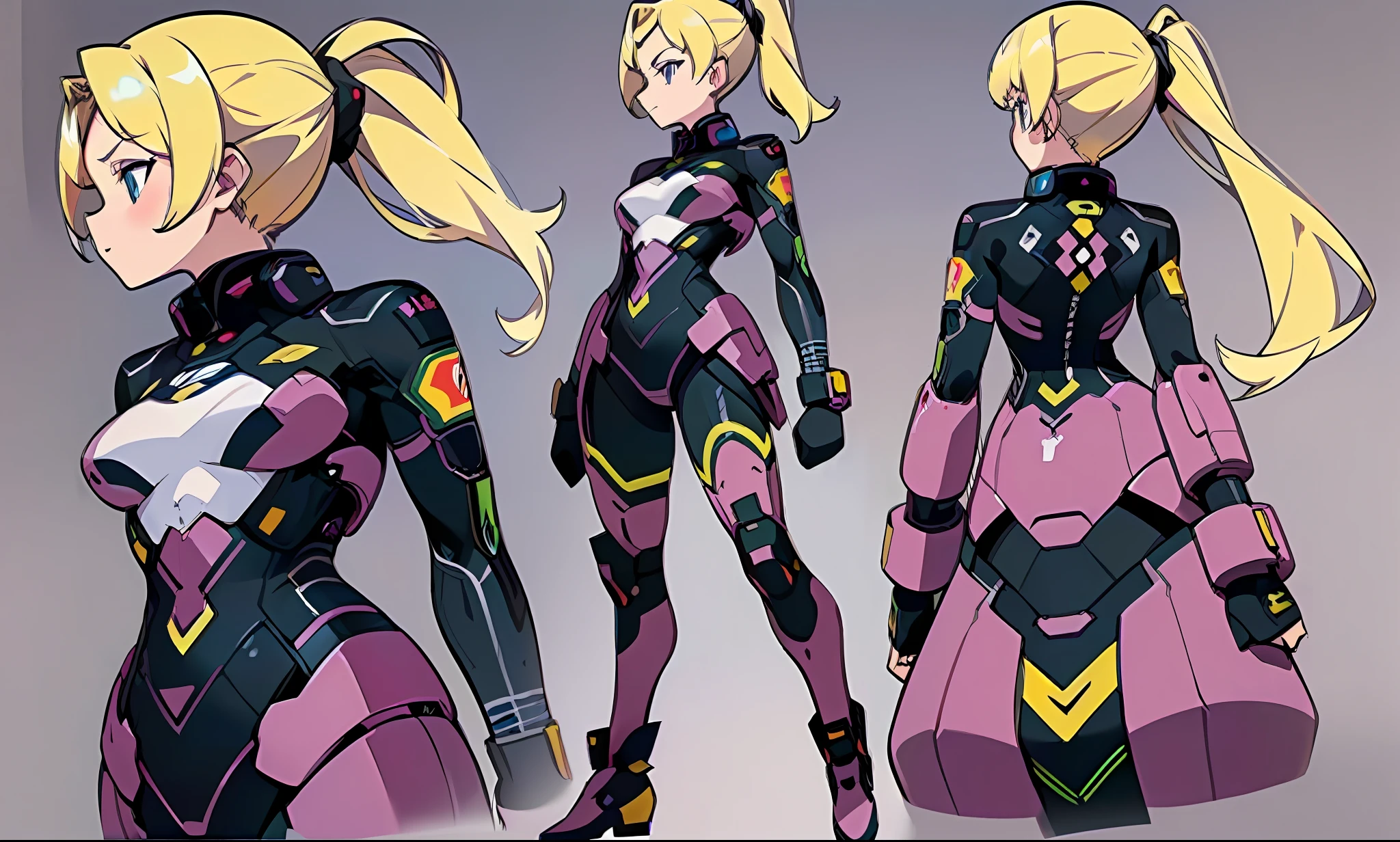 ((masterpiece)), (((best quality)), (character design sheet, the same as the whole body of the character, front, side, back), illustration, a blonde double ponytail girl warrior in cyber science fiction suit, posture Kota, female, charturnbetalora, (simple background, white background: 1.3), --6