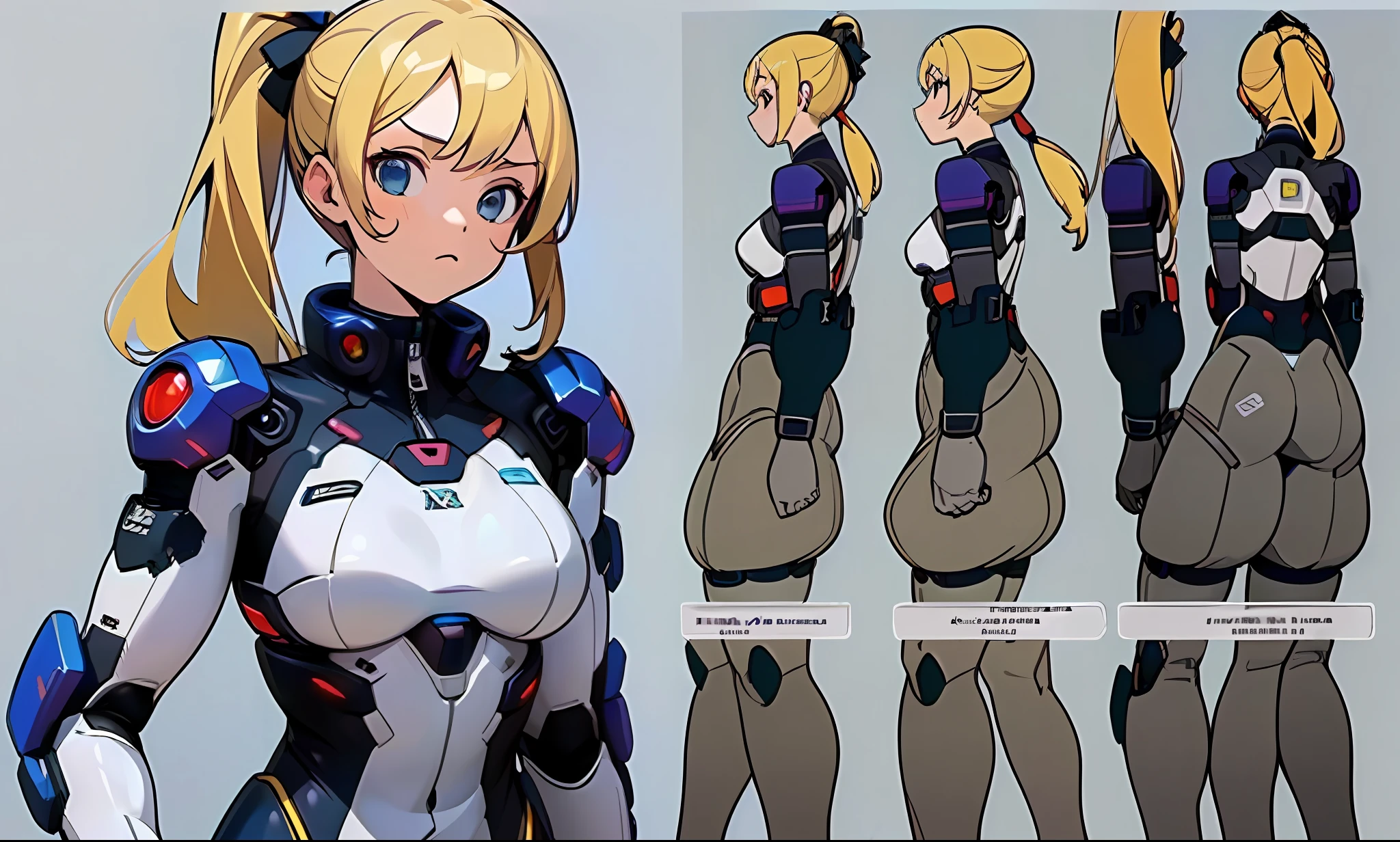 ((masterpiece)), (((best quality)), (character design sheet, the same as the whole body of the character, front, side, back), illustration, a blonde double ponytail girl warrior in cyber science fiction suit, posture Kota, female, charturnbetalora, (simple background, white background: 1.3), --6