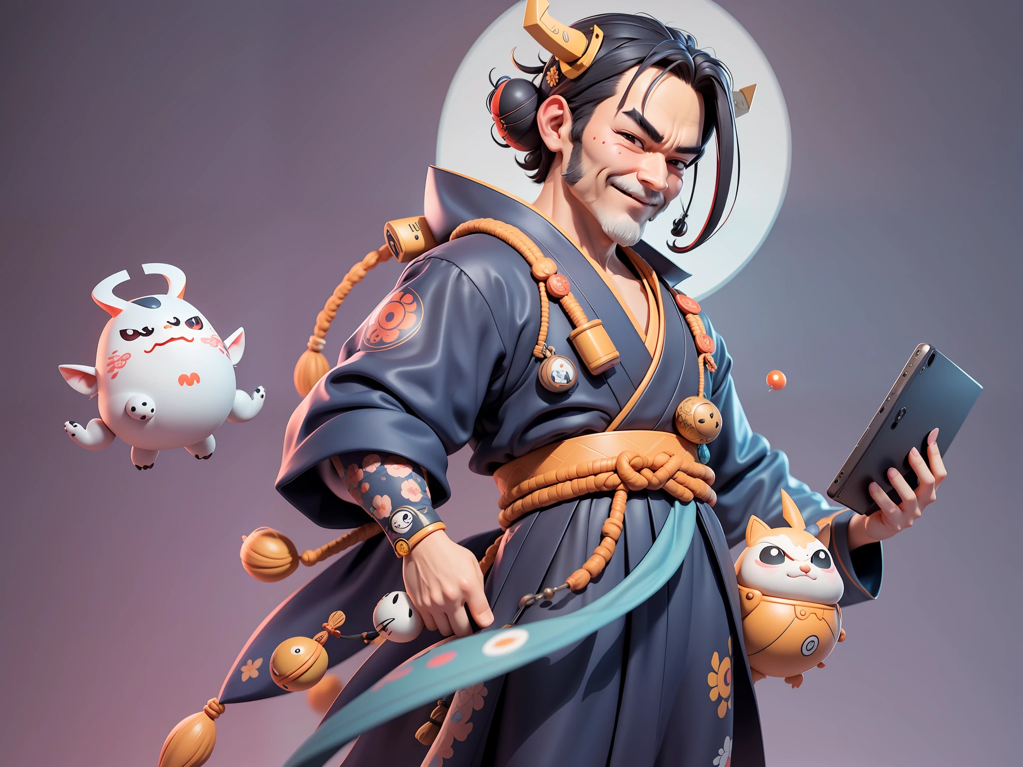 (Daisaku),(Need),(Super meticulous),(full bodyesbian:1.2),Japanese ukiyo-e girl,japanese geisha,Beautiful,Oriental dragon,Aeolian Thor,Raised sexy,爆乳,Oriental face,TV Anchor,Bust portrait illustration,Alone,In black suit,a blue tie,The face is slightly chubby,The face was clean,without a beard,Black super short hair,Black eyes,Smile confidently,3C computer sub-products,iPad, iphone,Digital painting,3D character design by Mark Clairen and Pixar and Hayao Miyazaki and Akira Toriyama,The illustration is a high-definition illustration in 4K resolution,With very detailed facial features and cartoon-style visuals。