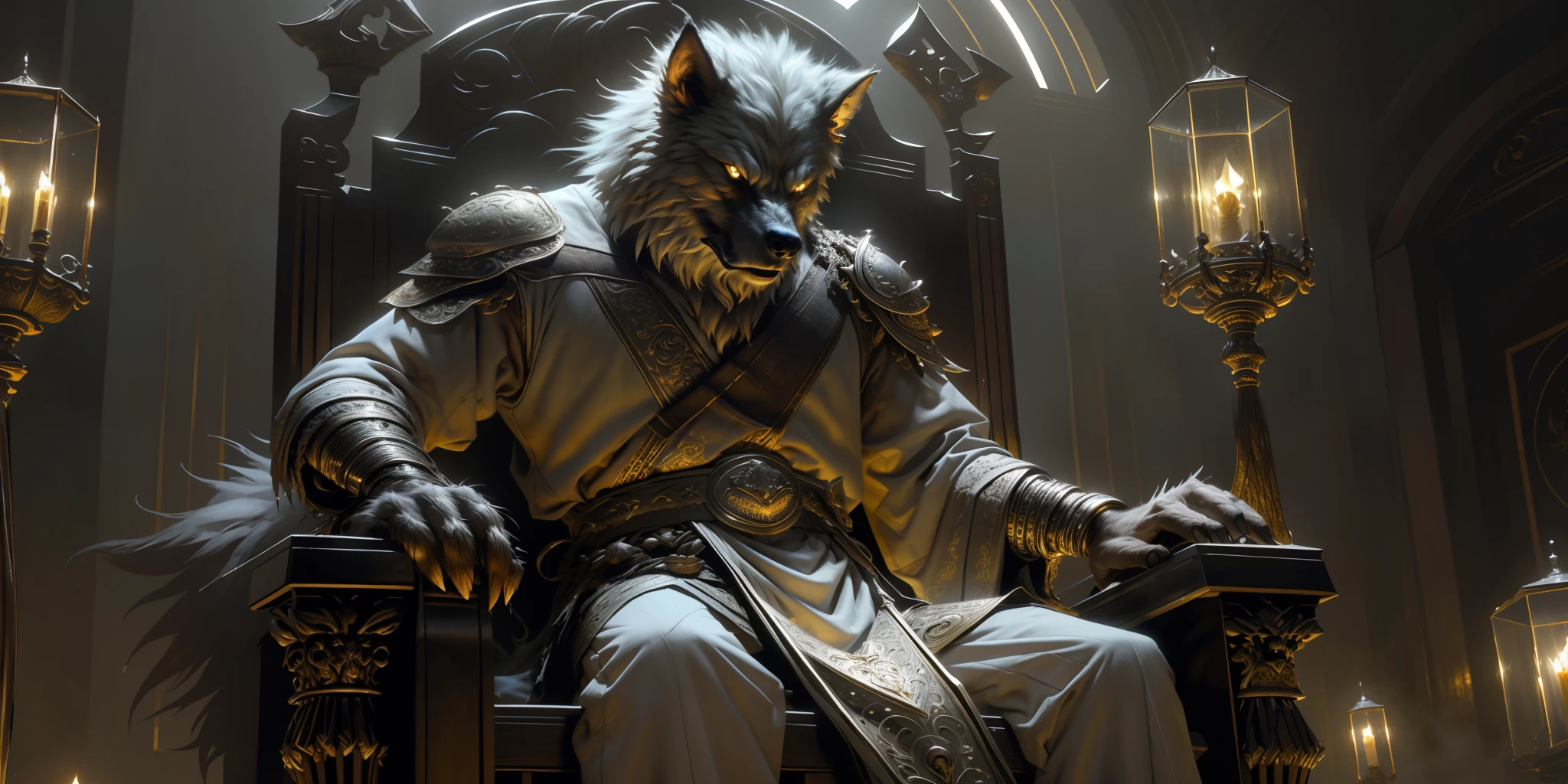 an old Werewolf king sitting on the throne in the heart of The City of Glas, throne is A very humid place full of puddles and leaks, regal, intimidating, ornate armor, regal crown, blurry_background, natural lighting, short twintails hair, looking_at_viewer, solo, highly detailed 8k