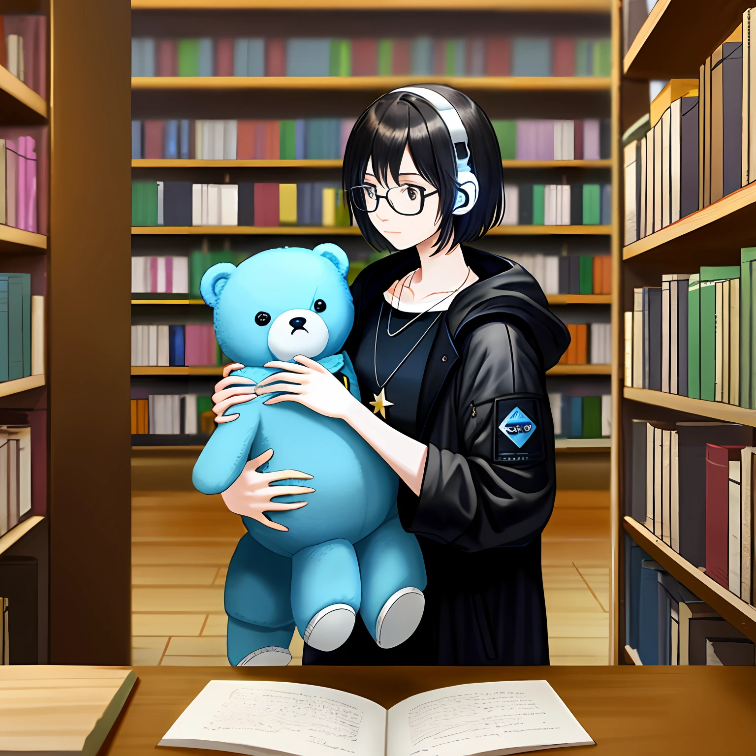 Short to medium hair，Wear black clear-framed glasses and wireless Bluetooth headsets，A young woman in her 20s，It has a lazy temperament unique to a writer，She has fair skin，emaciated、Slightly morbid and slightly hunched figure，The upper body is a cheap undershirt，A loose black coat was draped over the outside，The lower body is wearing wide men's cargo pants，On the feet are light blue canvas casual shoes，On his shoulder was a large milky white canvas bag。，On the bag hangs a blue-blue mochi bear the size of a baby's palm，Around his neck he wears a white translucent six-pointed star necklace of rustic material，Sit quietly in the corner of the library，Hold your left hand on your cheek，Look at the phone with a blue case in your right hand
