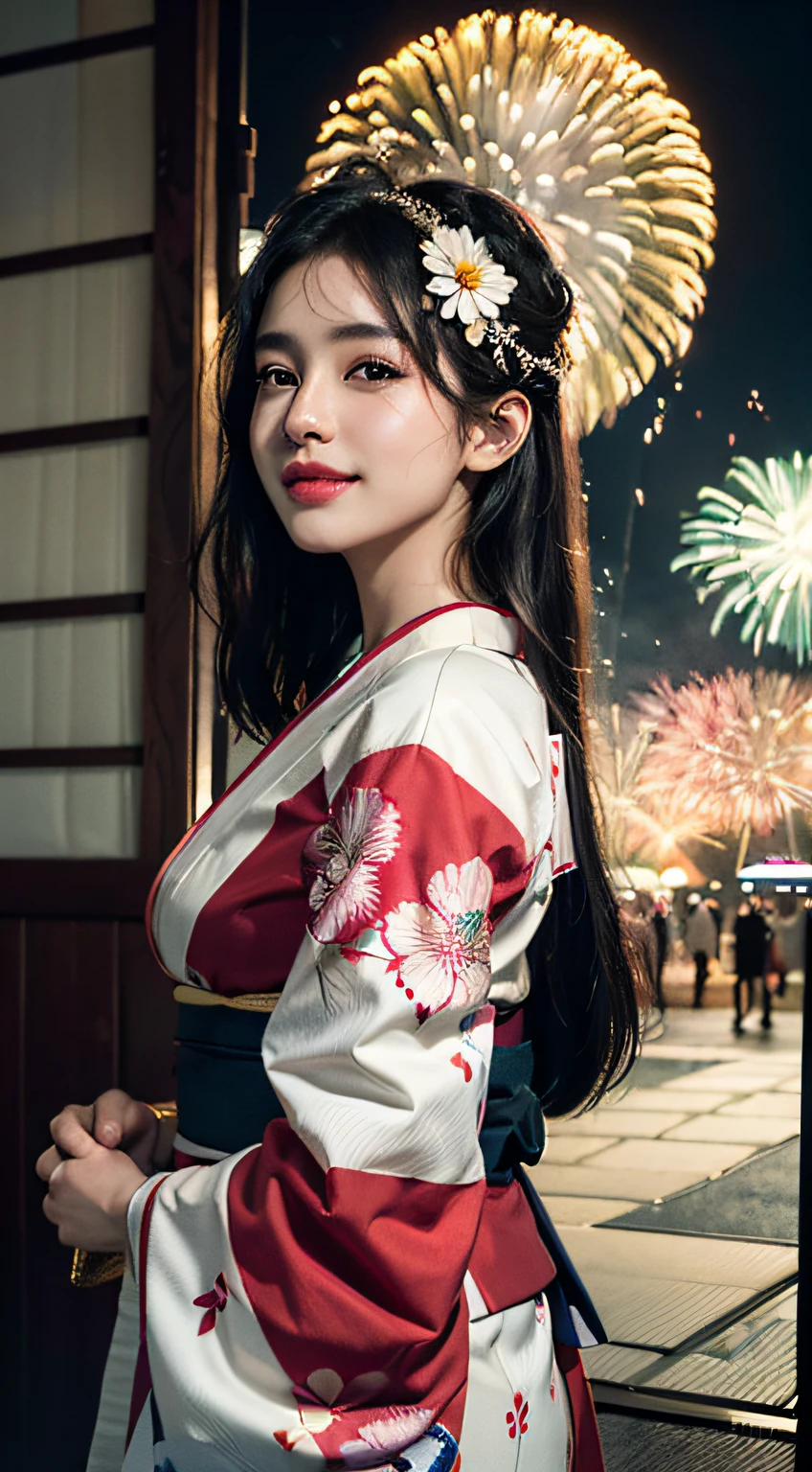 best qualtiy、masterpiece、photoRealstic、intricate-detail、Raw foto、Photon Rendering、Octane Rendering、absurderes、ultra-detailliert、A detailed face、Detailed skin、Trending in art stations、8K Masterpiece、lighting like a movie、( (1girl in))、((独奏) ))、CG Social Trends、Plastic En、((Black Long Hair))、((Beautuful Women))、(A smile)、Upper teeth、Fashionable、Hair that flutters in the wind、((Flowing hair))、fashion magazine、((A sexy))、((lighting like a movie)、((indirect lighting)、、(ssex)、Grinning、(View from a distance)、((Festival of Japan))、Kimono、((Fireworks Festival))、