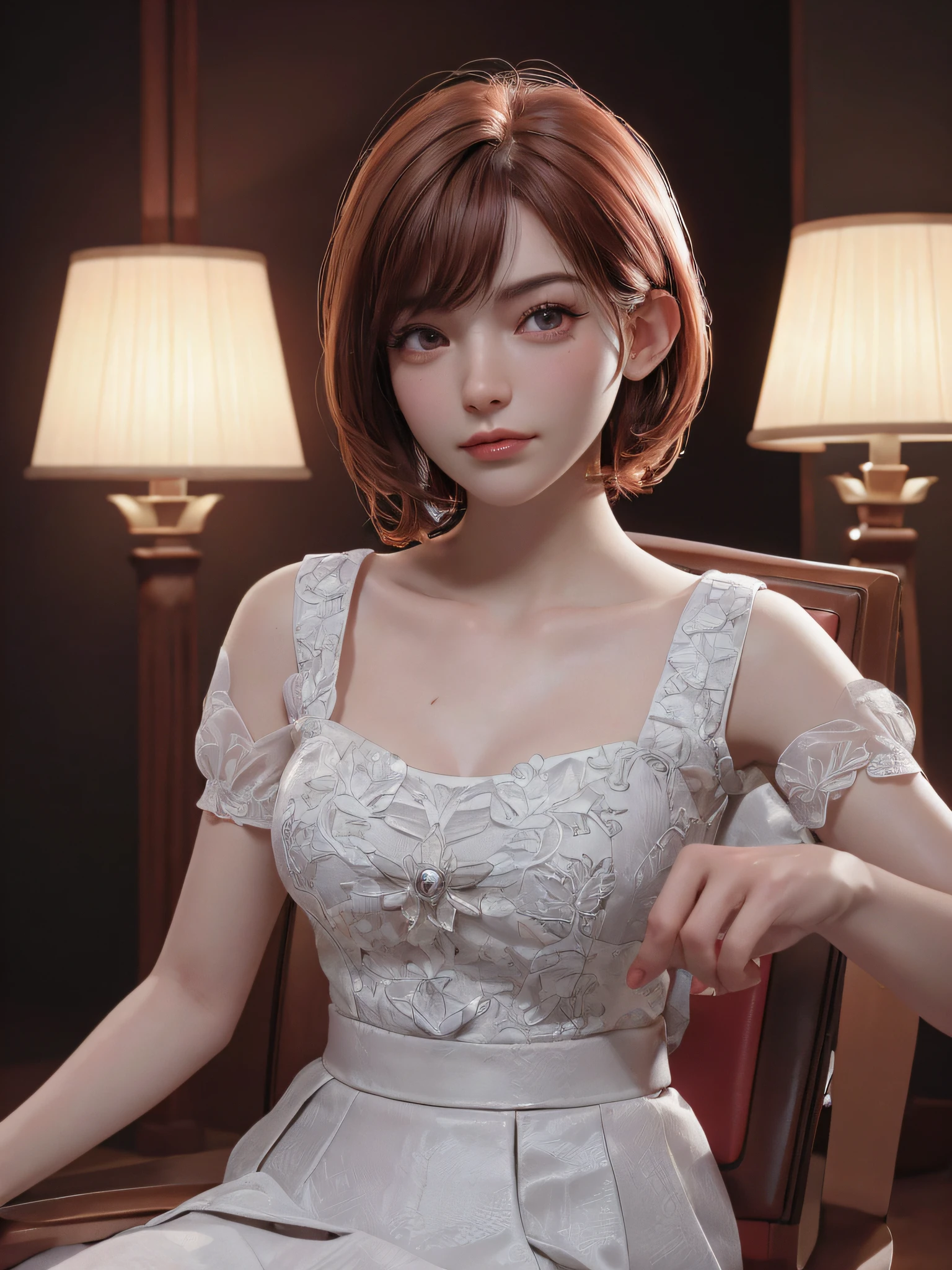 (unreal engine), (Ultra Real), (photorealistic) (High Resolution), (8K), (Very Detailed), (hyperdetailed), (Beautiful Detailed Eyes), (Best Quality), (Ultra Detailed), (Detailed Face), (depth of field), (high detailed skin:1.2), (HDR), (lipgloss, eyelashes, gloss-face, glossy skin, chromatic aberration, caustics, Broad lighting, natural shading) RAW photo, dslr, soft lighting, sharp focus, masterpiece, best quality, (bob hair woman in a red top and white skirt sitting on a chair), sitting on designer chair, elegant seducing pose, sexy dominant pose, seductive seated pose, portrait, emotionless